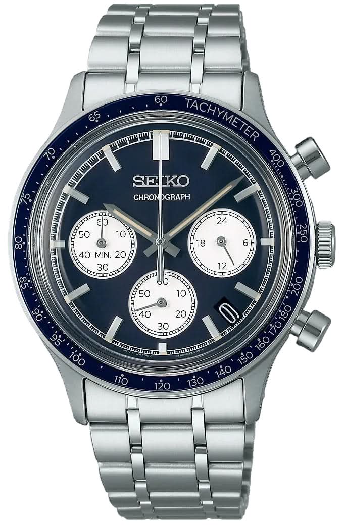Reloj cronógrafo para hombre con correa de acero inoxidable, esfera azul y bisel taquímetro