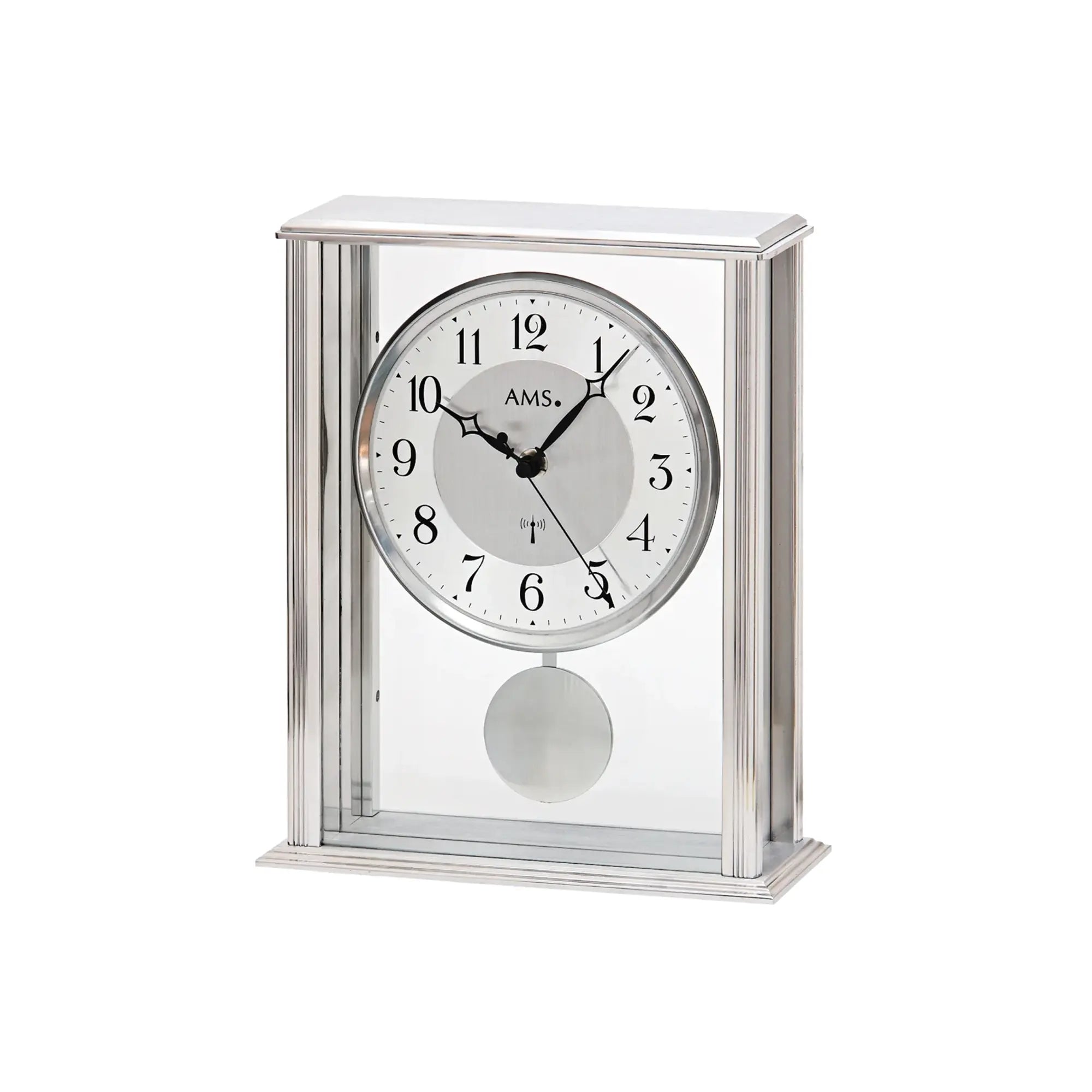 Reloj de mesa AMS Biel F5190 plateado • Movimiento radiocontrolado con péndulo • Cristal mineral