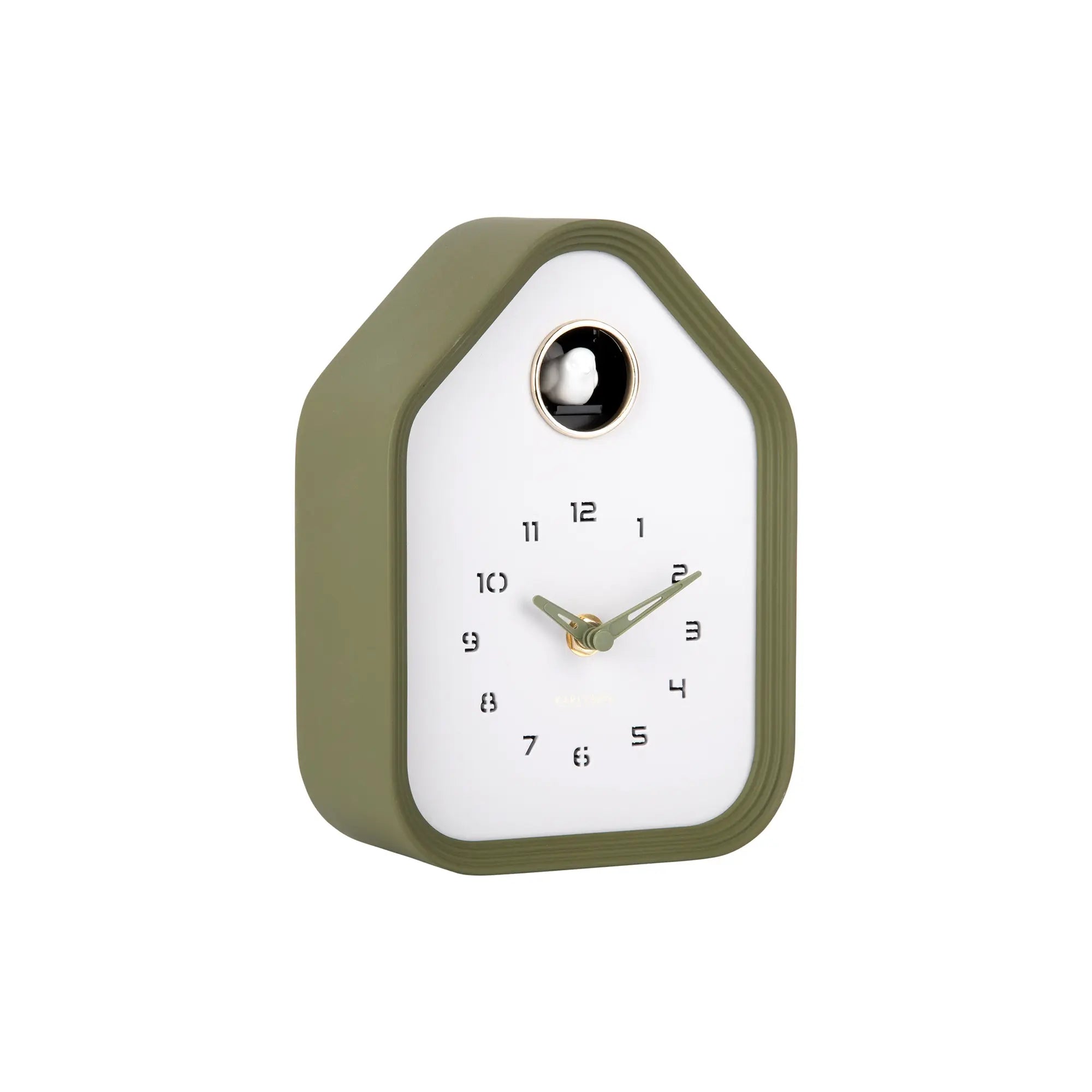 Wanduhr mit grünem Hausgehäuse, weißem Zifferblatt und goldfarbenen Zeigern