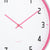 Detailansicht der Wanduhr: pinke Zeiger, weißes Ziffernblatt mit schwarzer Ziffer 2