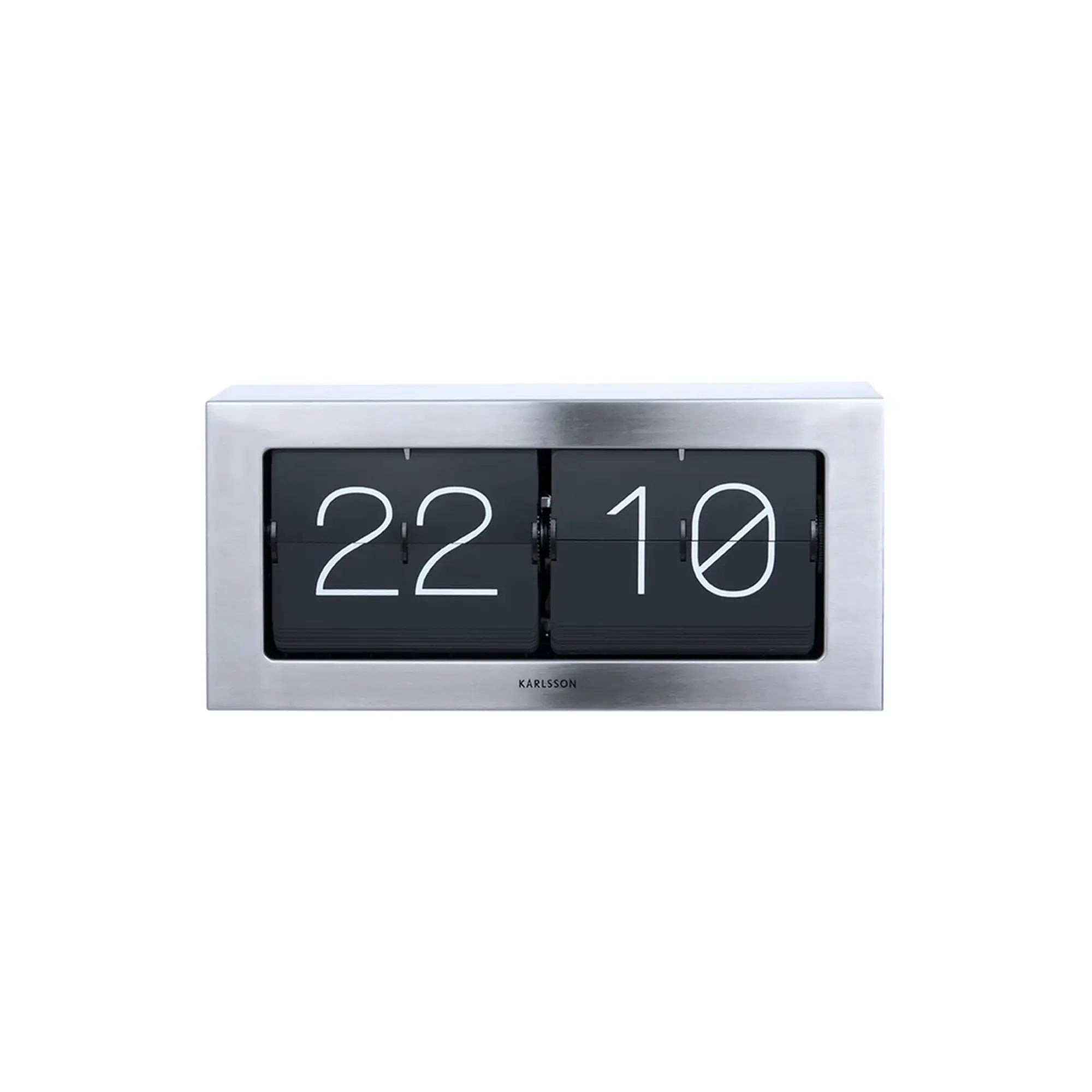 Tischuhr mit Klappzahlen-Mechanismus im rechteckigen Stahlgehäuse, Anzeige „22 10“.