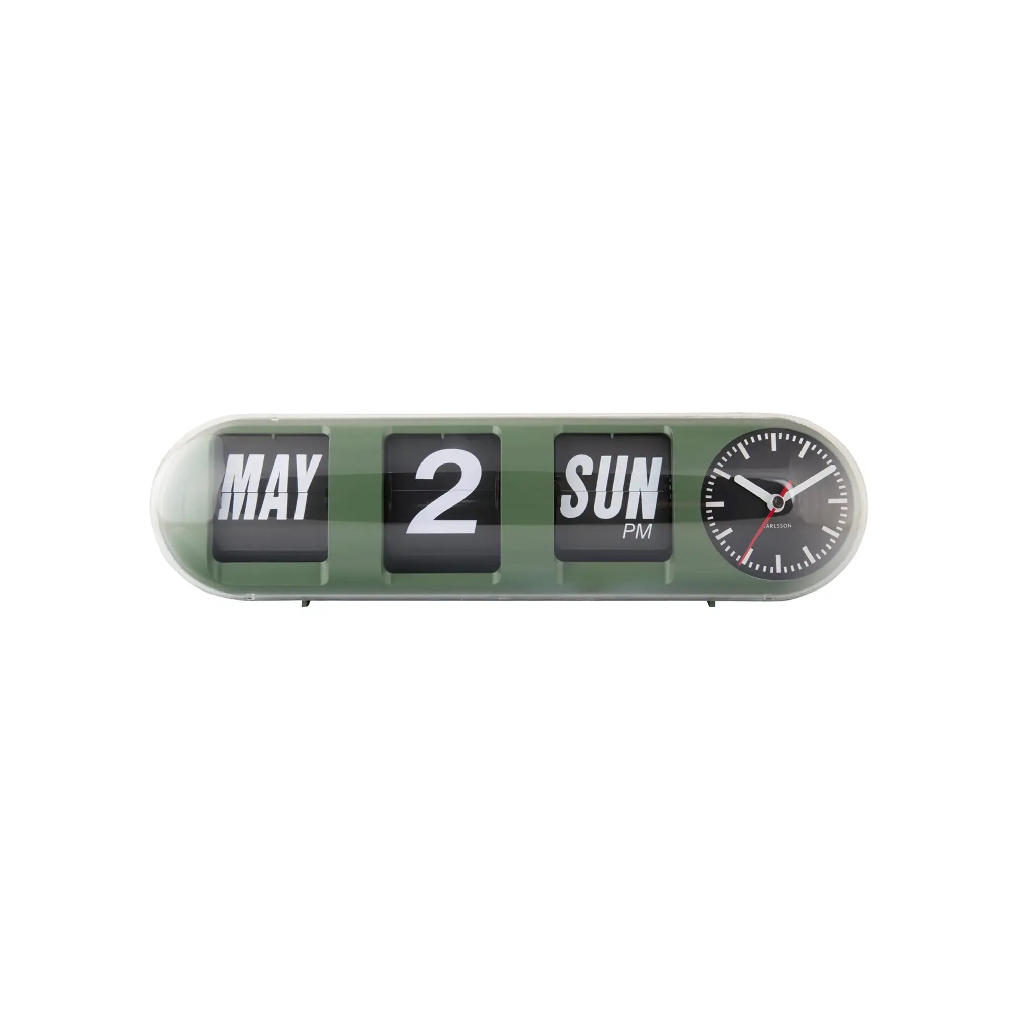 Karlsson-Röhrenwanduhr in Dschungelgrün: „MAY 2 SUN PM“ mit Runduhr