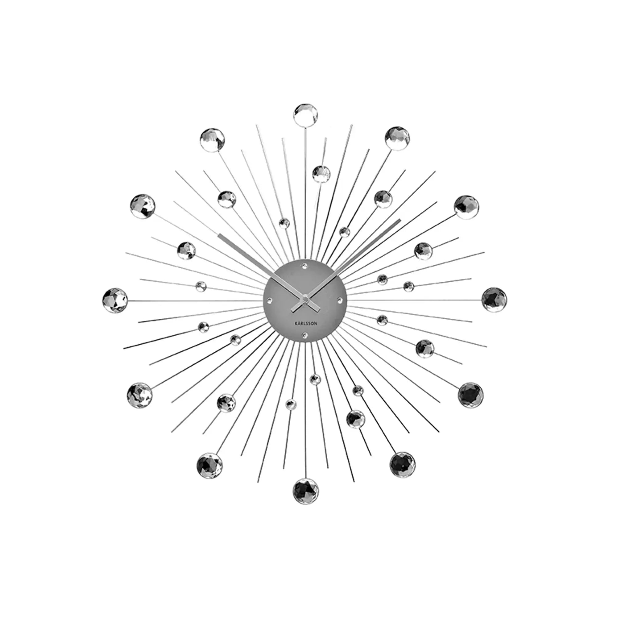 Silberne Sonnenstrahl-Wanduhr mit runder Uhrscheibe und glänzenden Kristallkugeln.