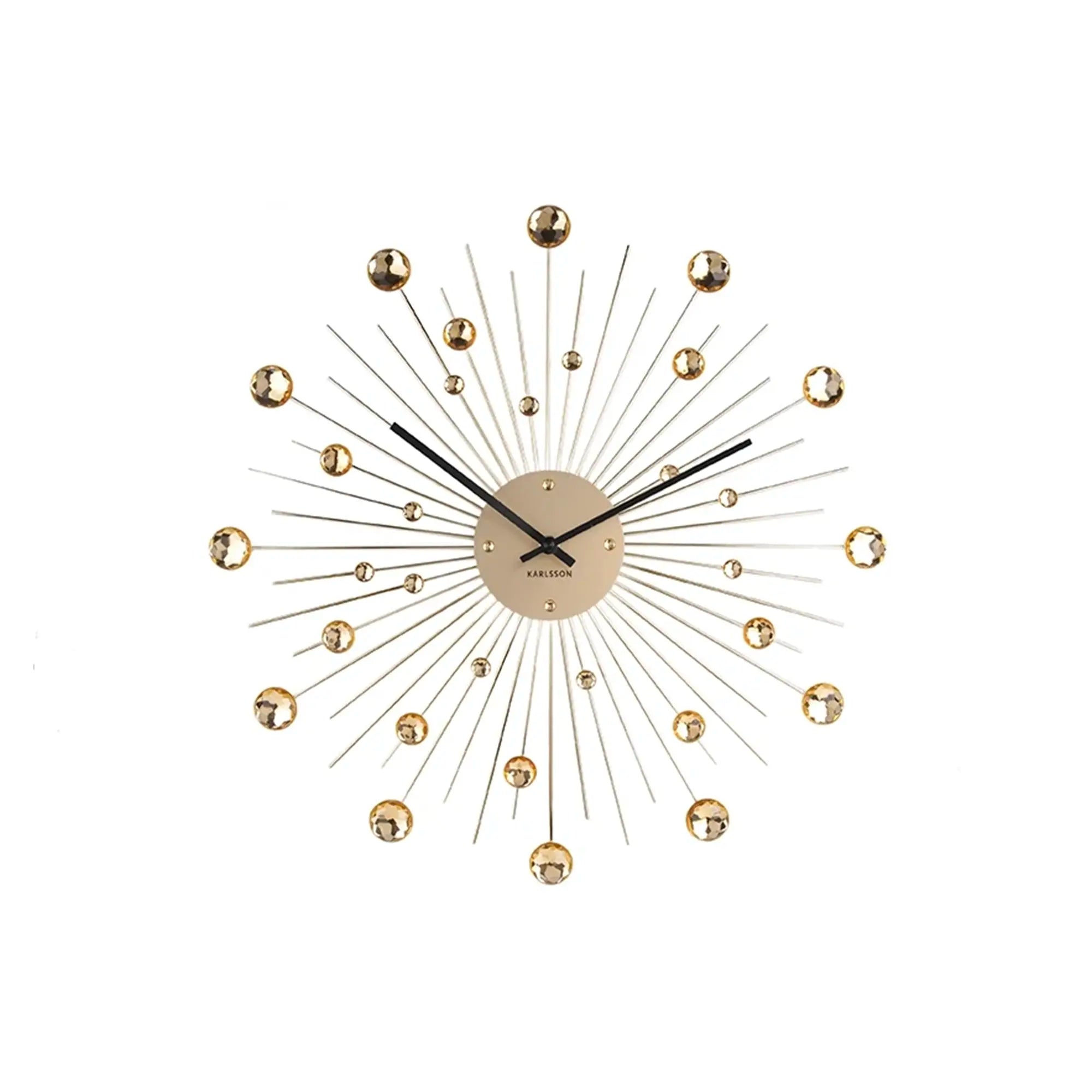 Runde goldene Sunburst-Wanduhr mit strahlenförmigen Stäben und Kristallkugeln