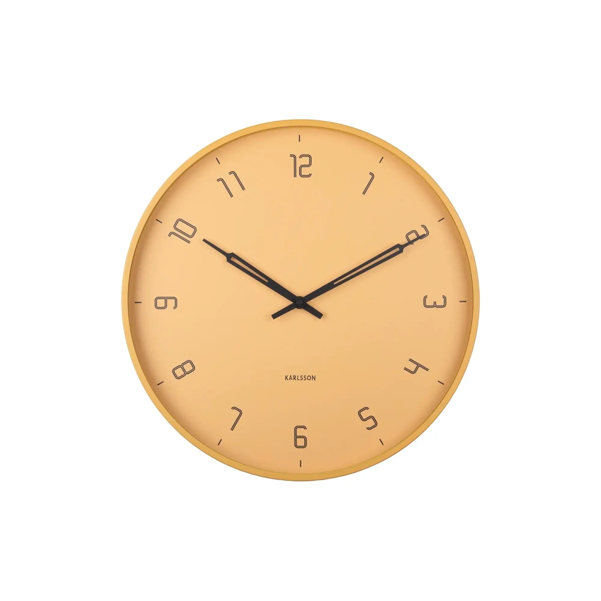 Wanduhr rund, honiggelbes Zifferblatt mit schwarzen Zeigern und Stundenmarkierungen
