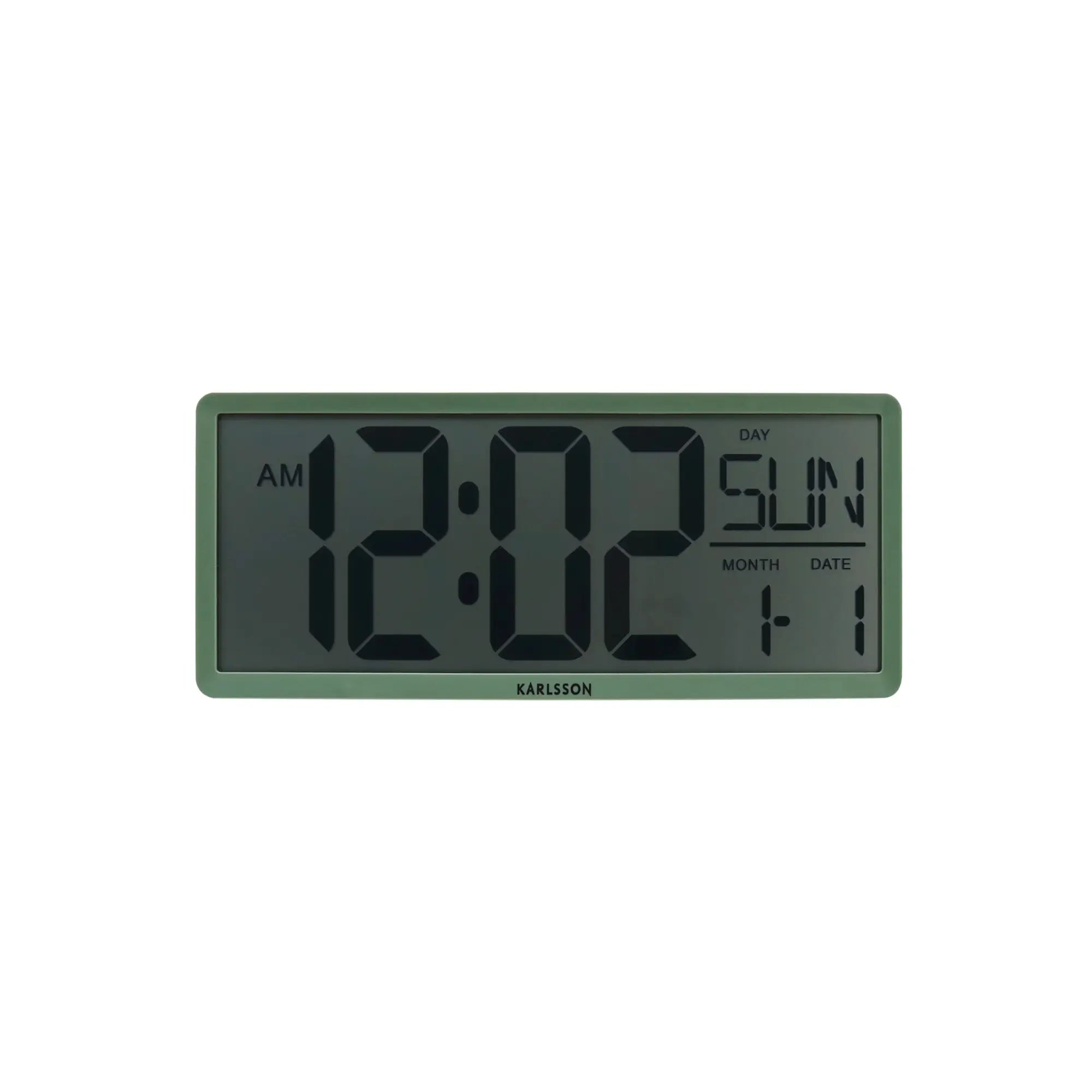 Dschungelgrüne LCD-Wanduhr mit klar lesbarer Digitalanzeige für Uhrzeit und Datum