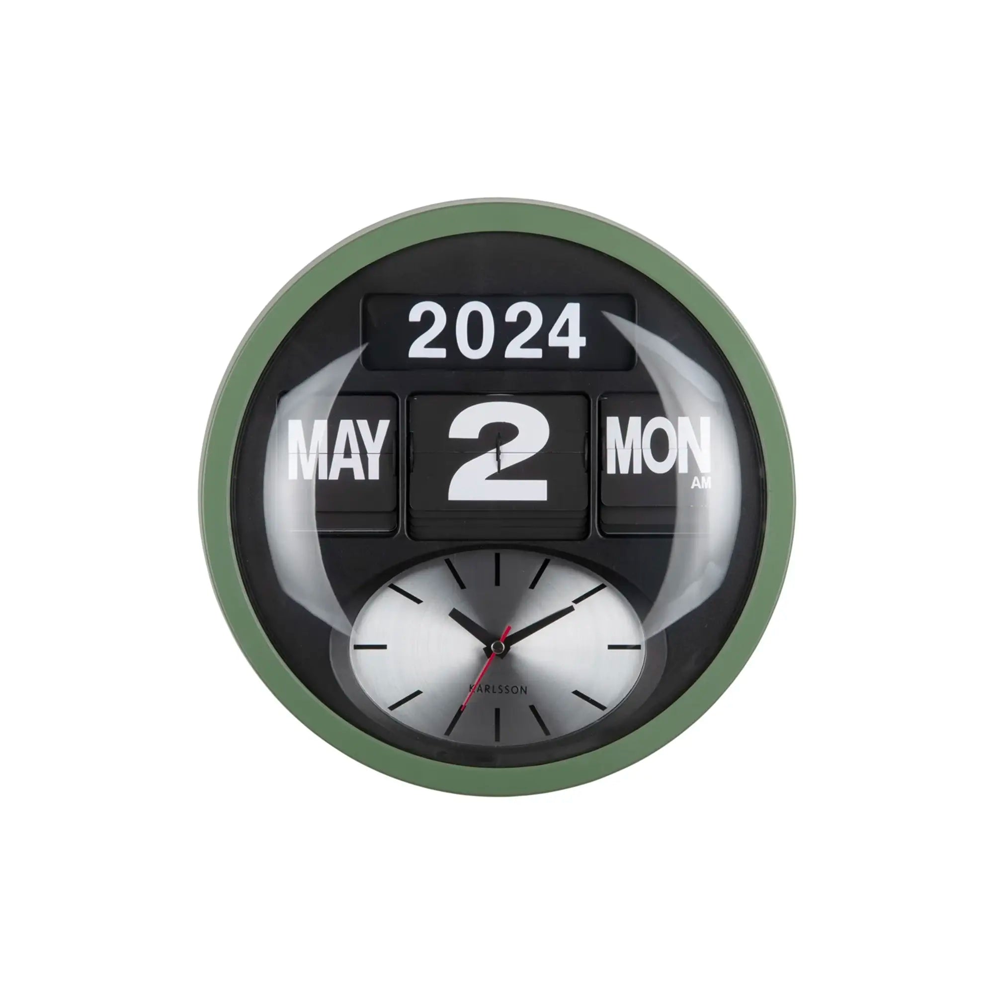 Runde Wanduhr-Front mit Klappzahlen 2024 sowie Uhrzeigern