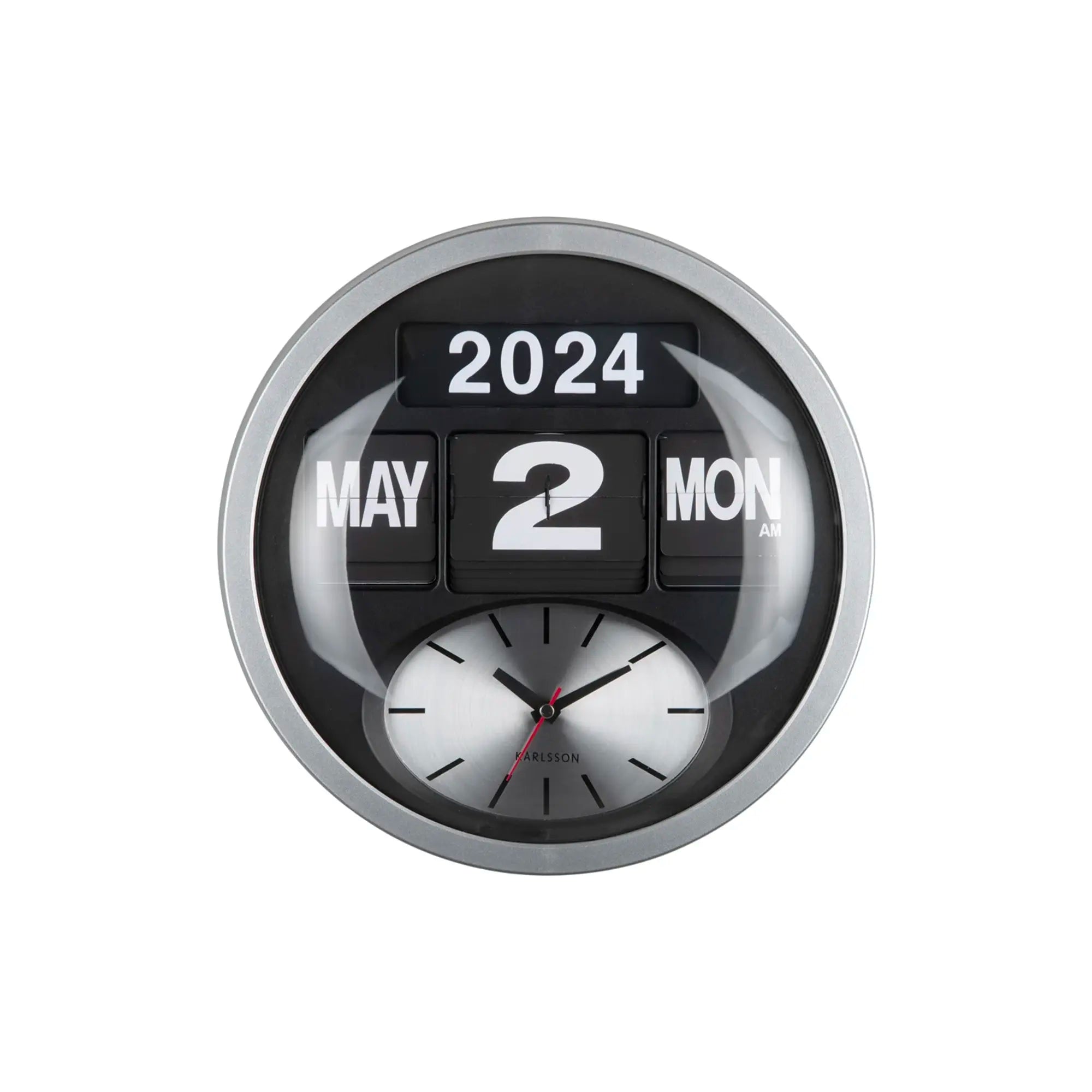 Nahansicht: runde Wanduhr Silber mit schwarzem Kalender-Flip und Analoguhr mit Zeigern
