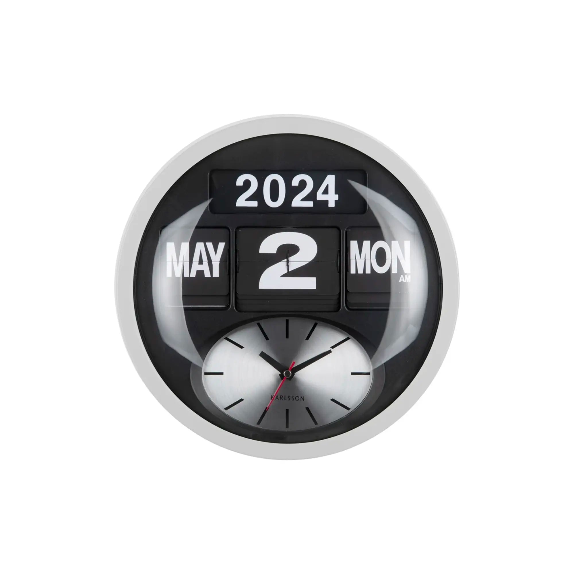 Wanduhr mit weißem Rahmen, schwarzem Kalender-Display und analoger Zeitanzeige (2024 MAY, 2, MON)
