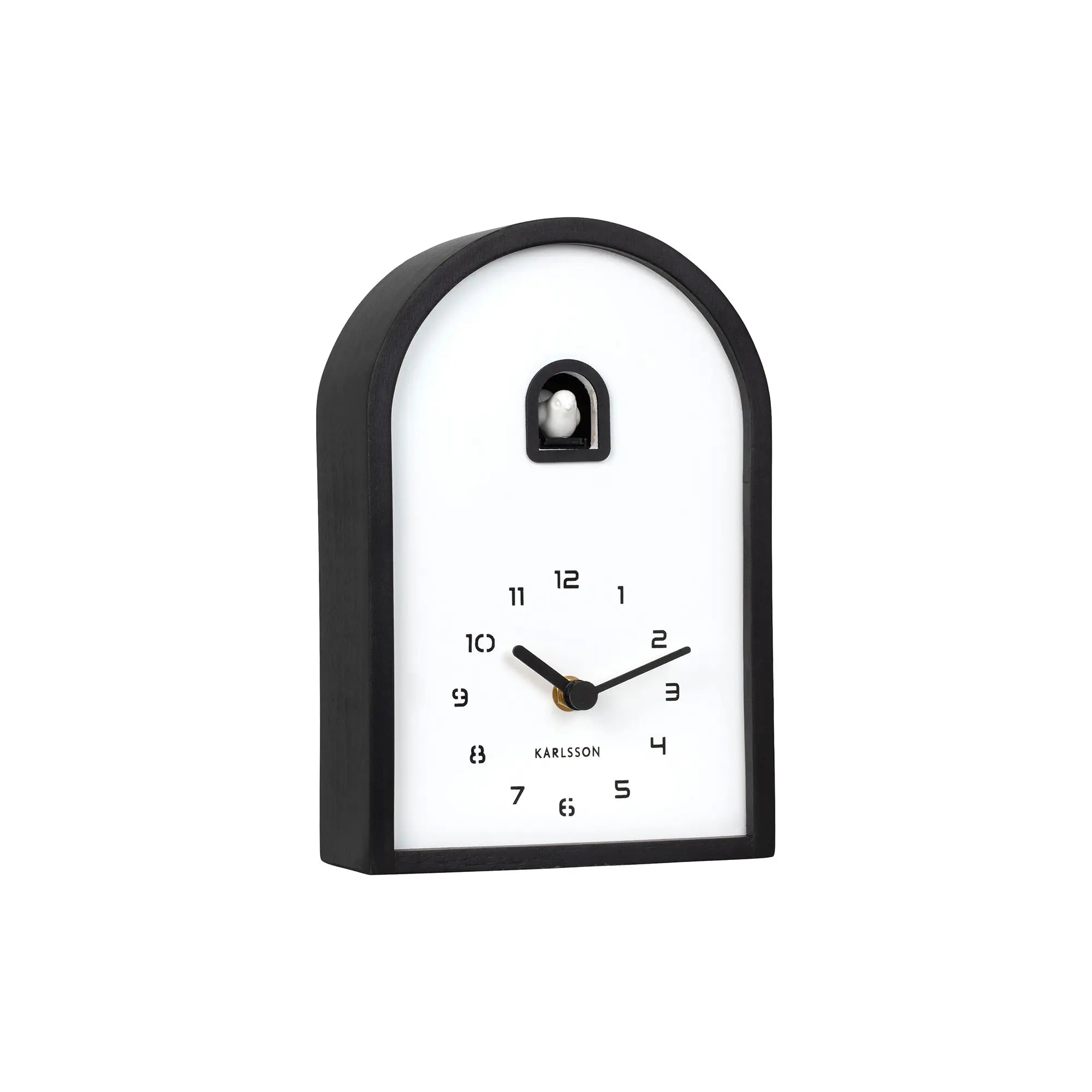 Wanduhr mit schwarzem Bogenrahmen und weißem Zifferblatt, arabische Zahlen und Zeiger