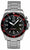 Reloj de hombre: esfera negra con detalles rojos, indicador de fecha, correa de acero inoxidable.