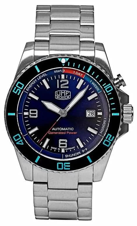 Reloj de pulsera para hombre UMF Ruhla con esfera azul, correa de acero y fecha a las 12