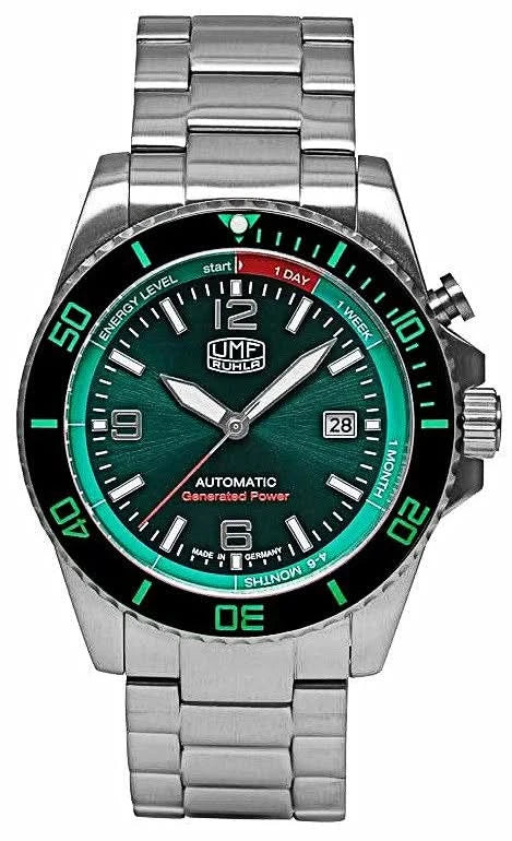 Pulsera de hombre con correa de metal plateado, esfera verde e indicador de fecha