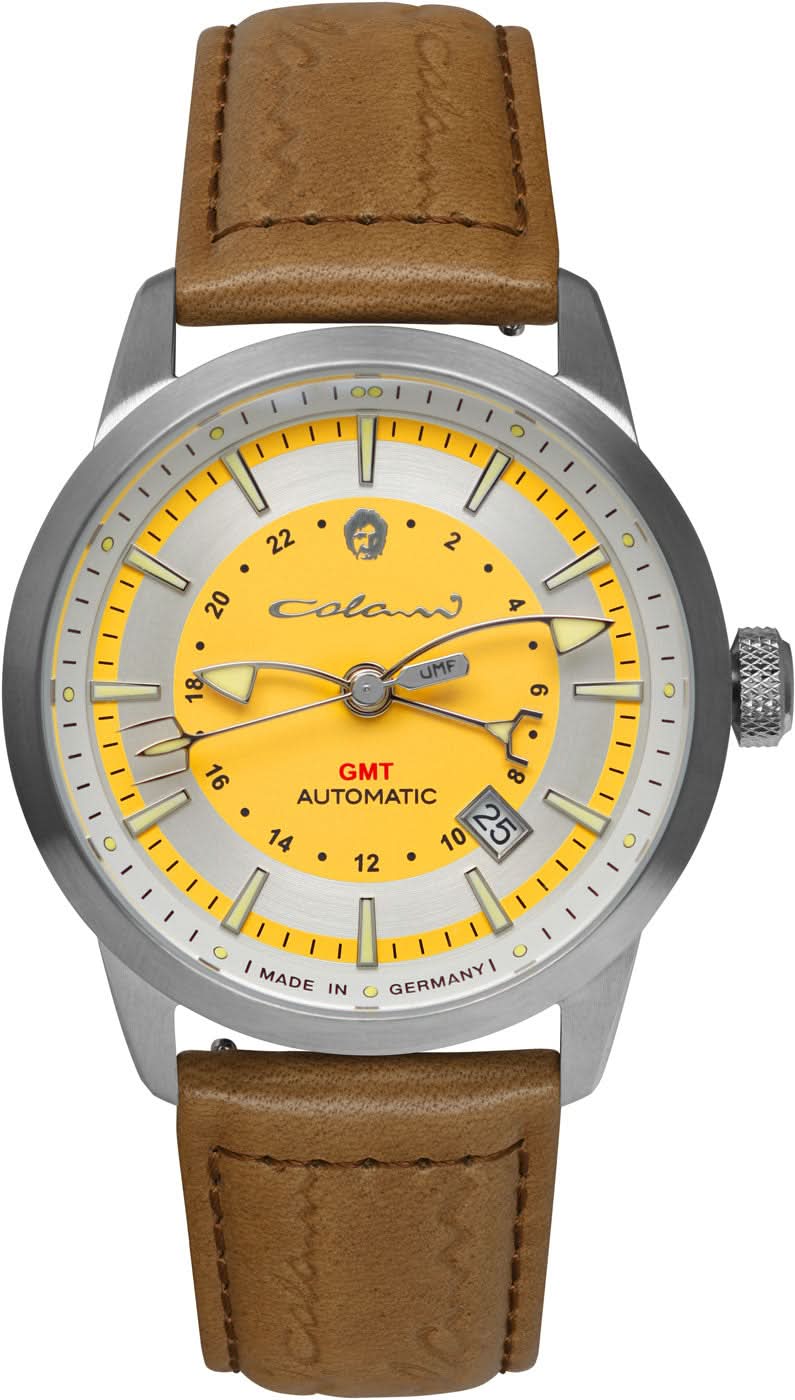 Reloj de hombre con caja redonda, esfera amarilla, correa de cuero marrón y GMT