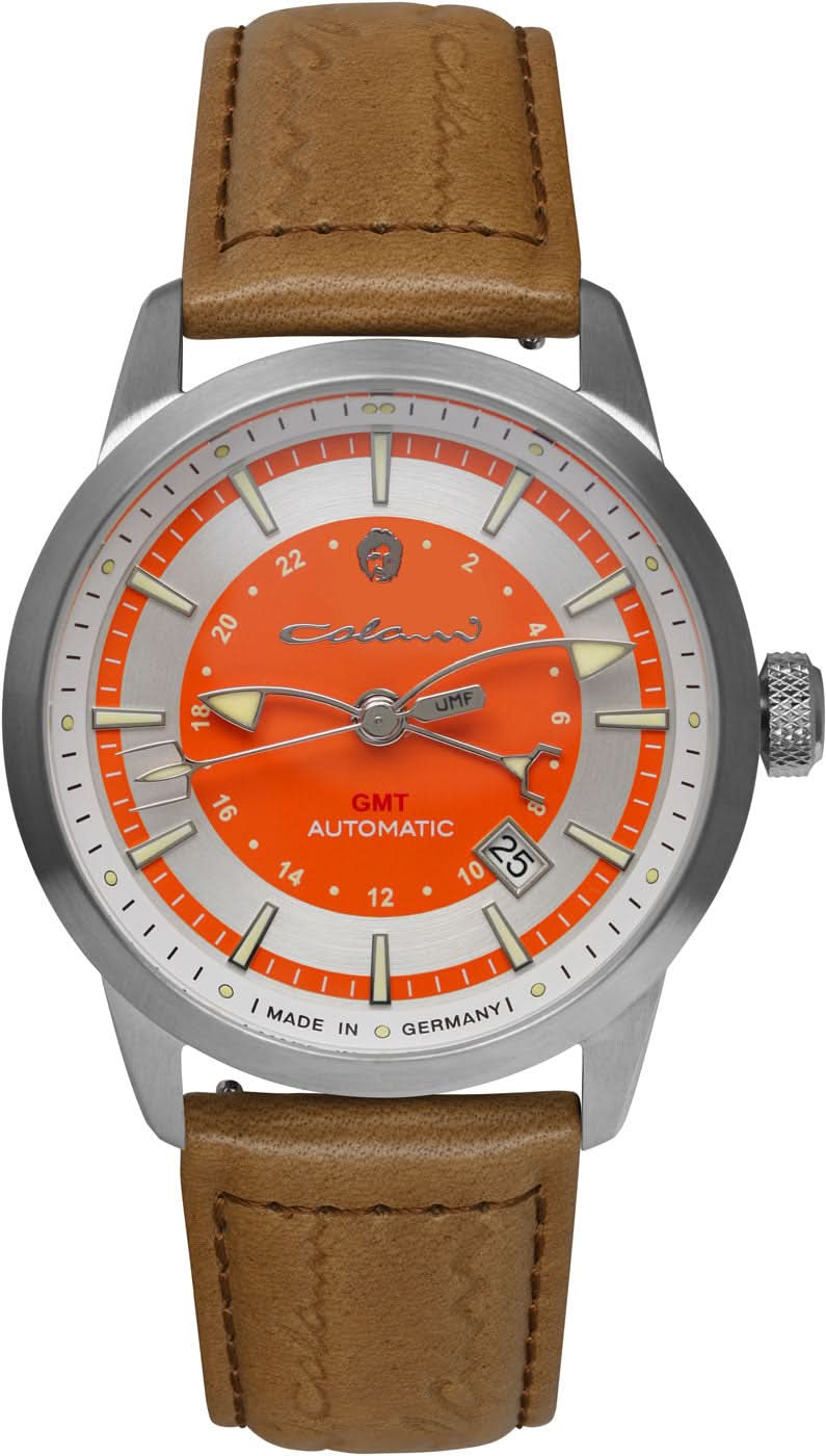 Reloj de hombre con esfera naranja, caja plateada y correa de cuero marrón.