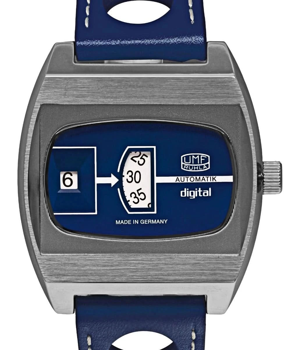 Reloj de disco con caja metálica plateada y esfera azul, pantalla digital, automático UMF Ruhla