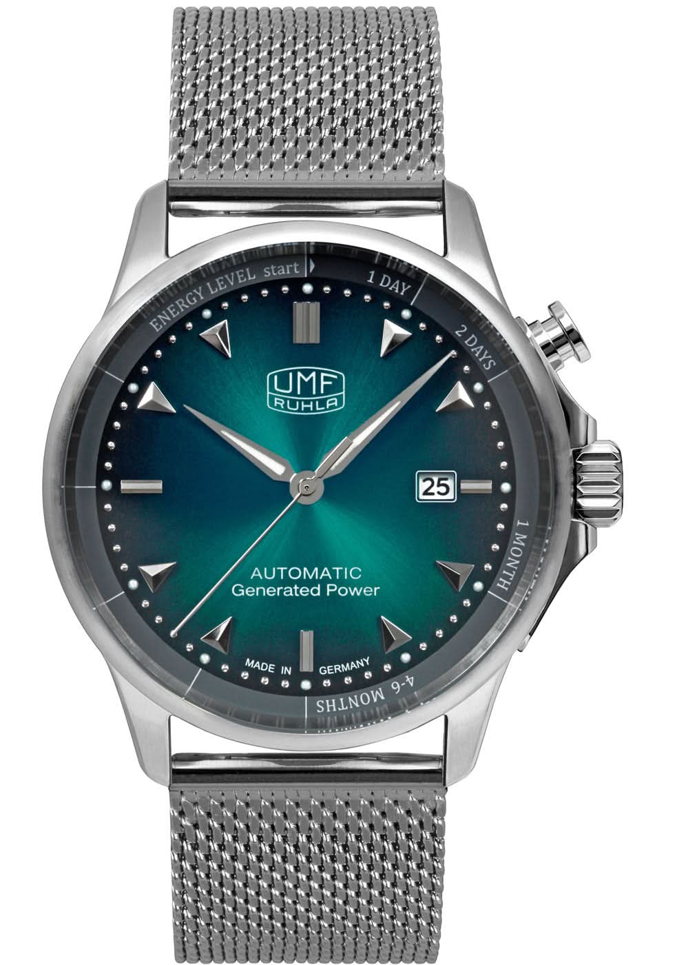 Reloj de hombre con esfera turquesa, brazalete de eslabones metálicos y ventana de fecha en caja de acero inoxidable
