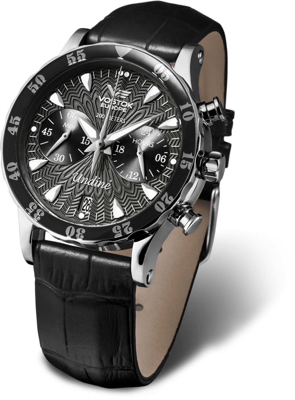 Vostok Europe Undine Reloj de Mujer: esfera negra, bisel plateado, correa de cuero