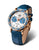 "Reloj de mujer con correa de cuero azul, bisel en oro rosa y esfera con detalle azul"