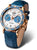 "Reloj de mujer con correa de cuero azul y bisel en oro rosa, esfera blanca"