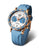 "Reloj de mujer de perfil: correa de cuero azul, bisel y corona en oro rosa"