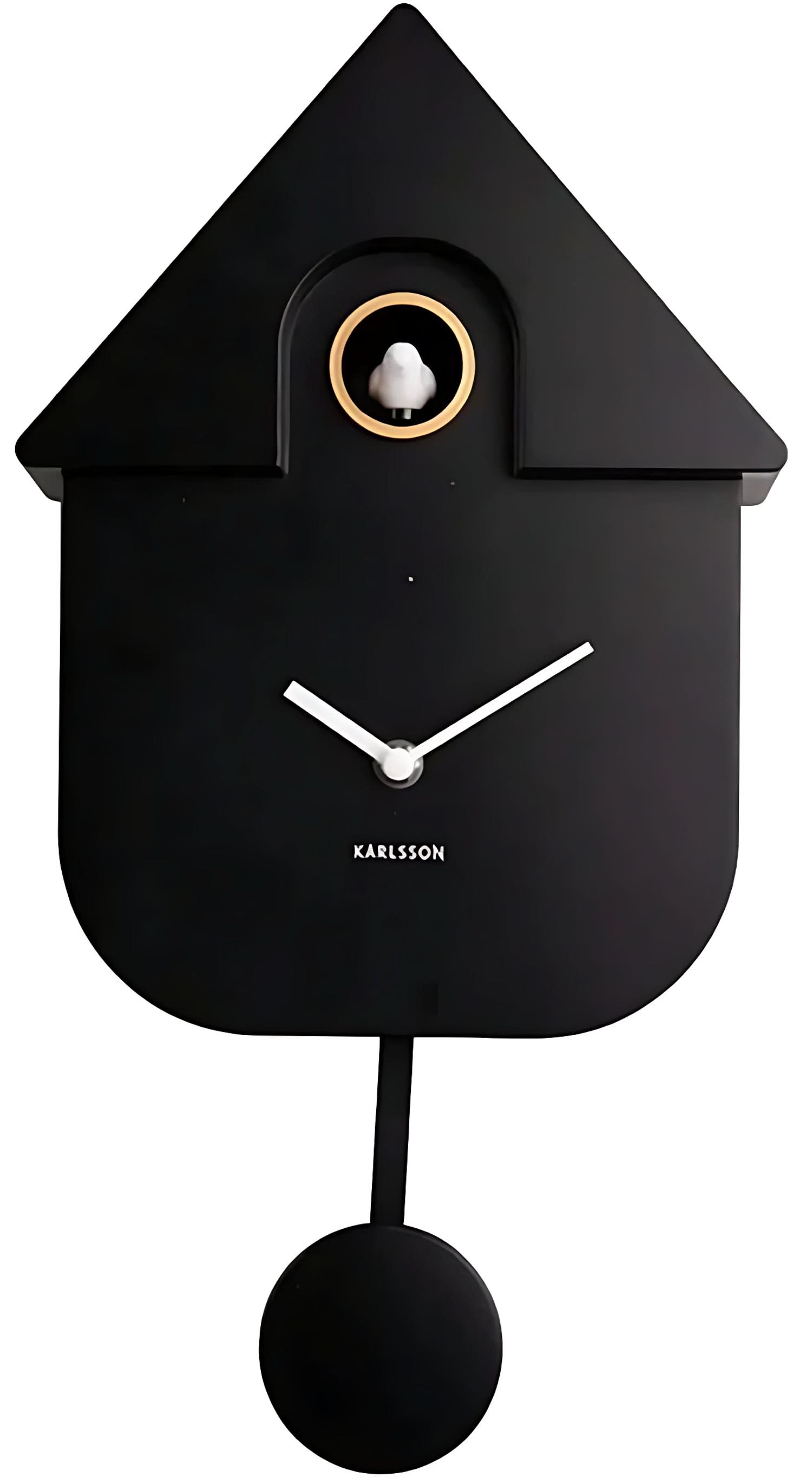 Reloj de pared Karlsson con diseño de casa, reloj de plástico negro con apertura dorada y manecillas blancas
