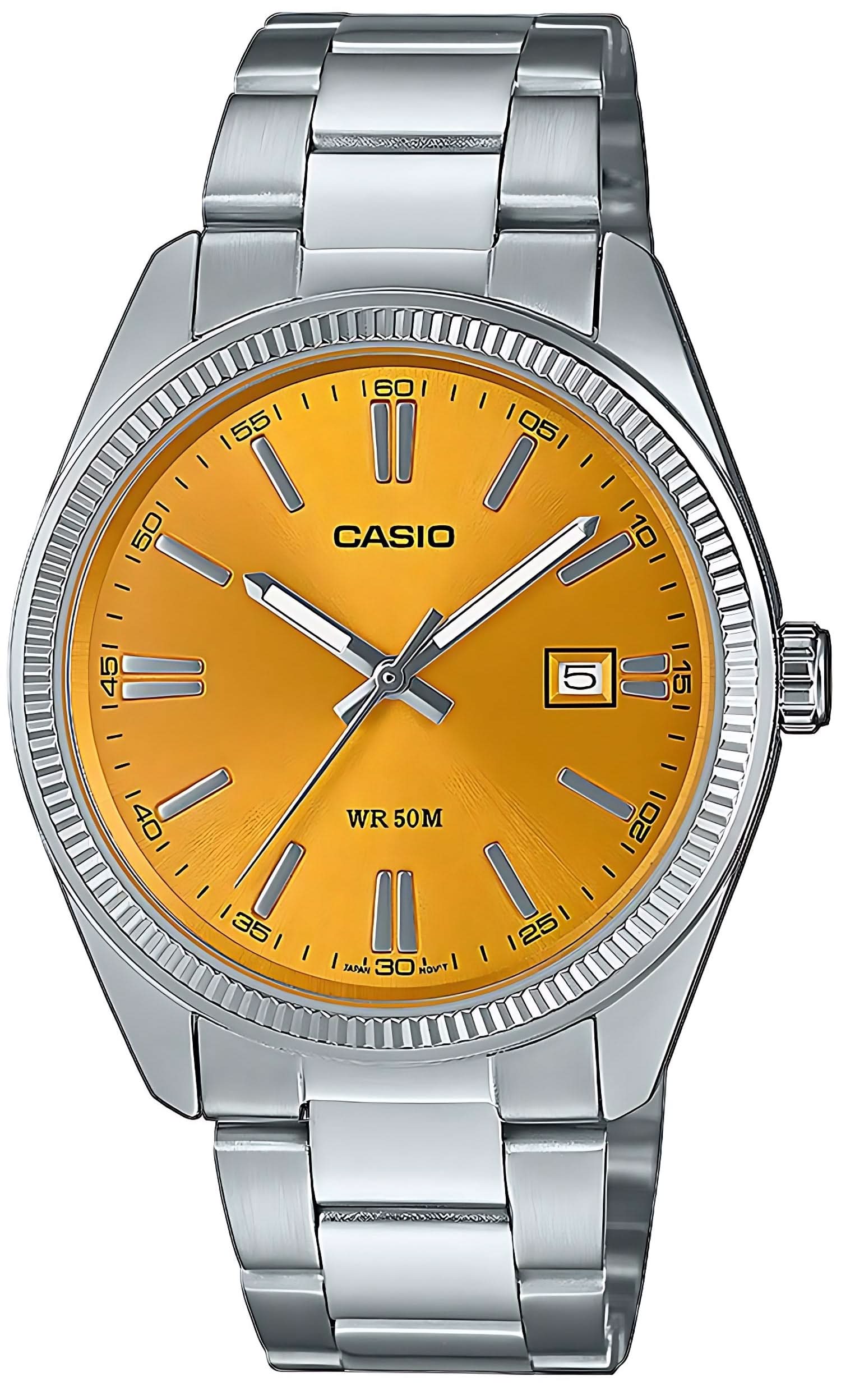Casio Reloj para hombre con esfera amarilla y correa de metal plateada, pantalla analógica