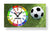 Reloj de pared con diseño de fútbol, números de colores y balón central