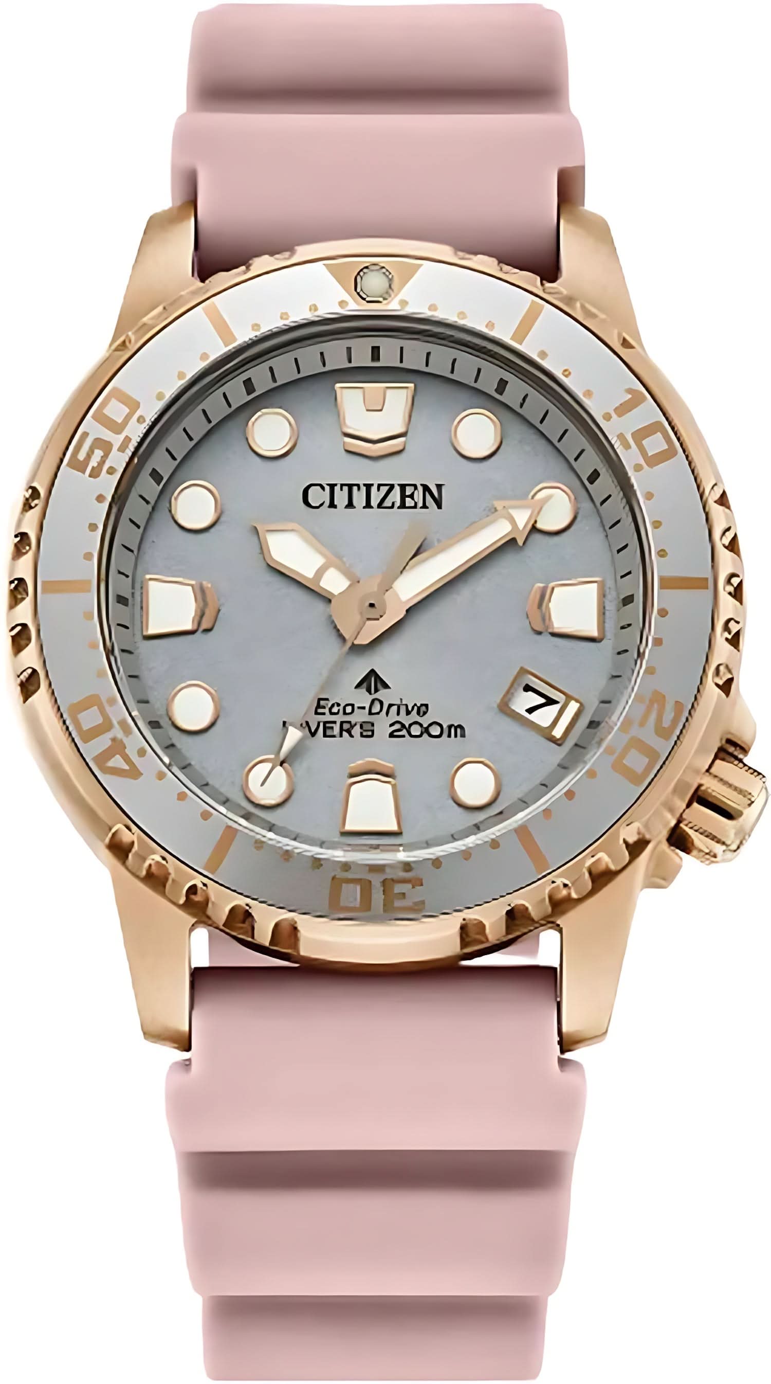 Citizen Promaster Reloj de Mujer: bisel color oro rosa, esfera gris claro, correa color rosa