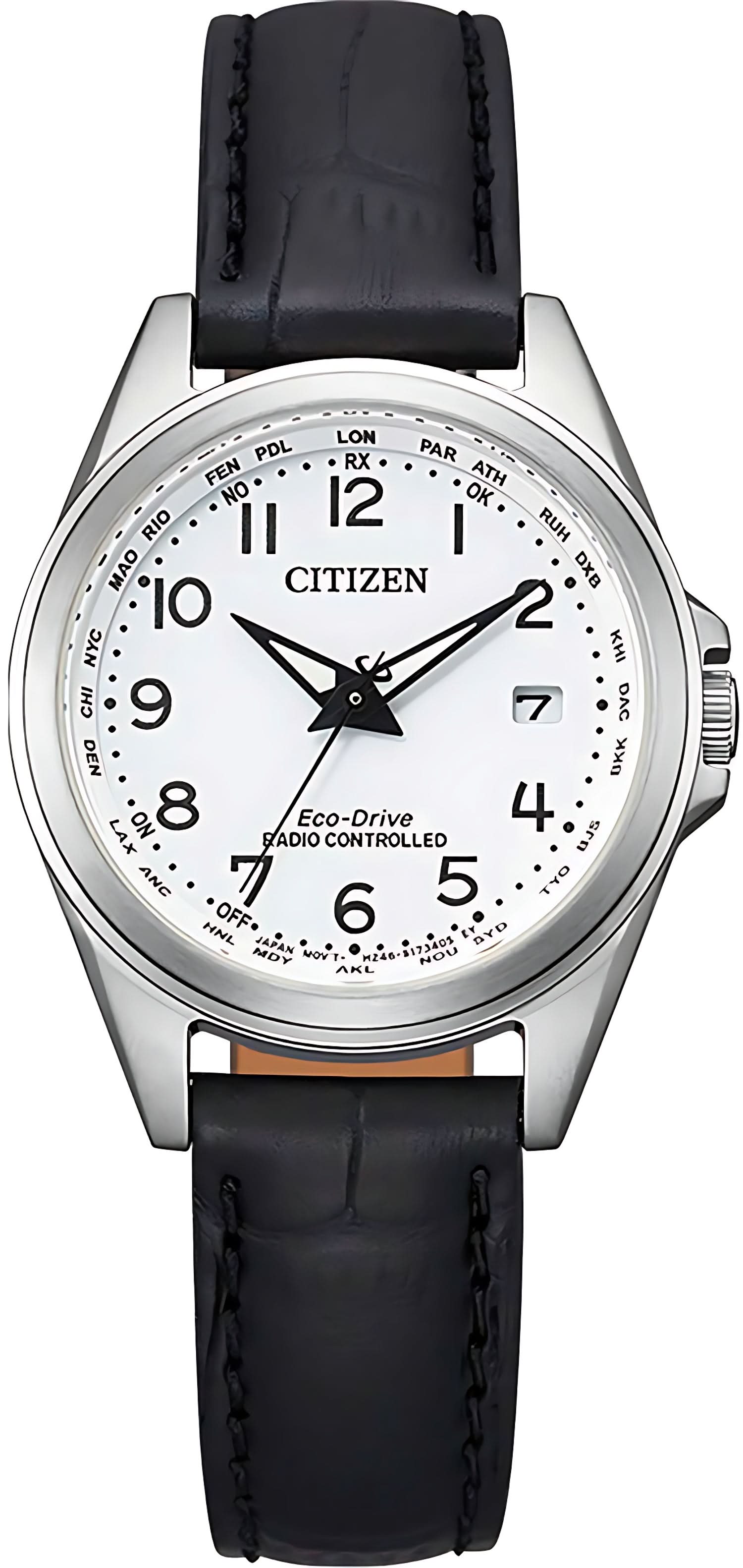Reloj con correa de cuero negro y caja plateada, esfera blanca