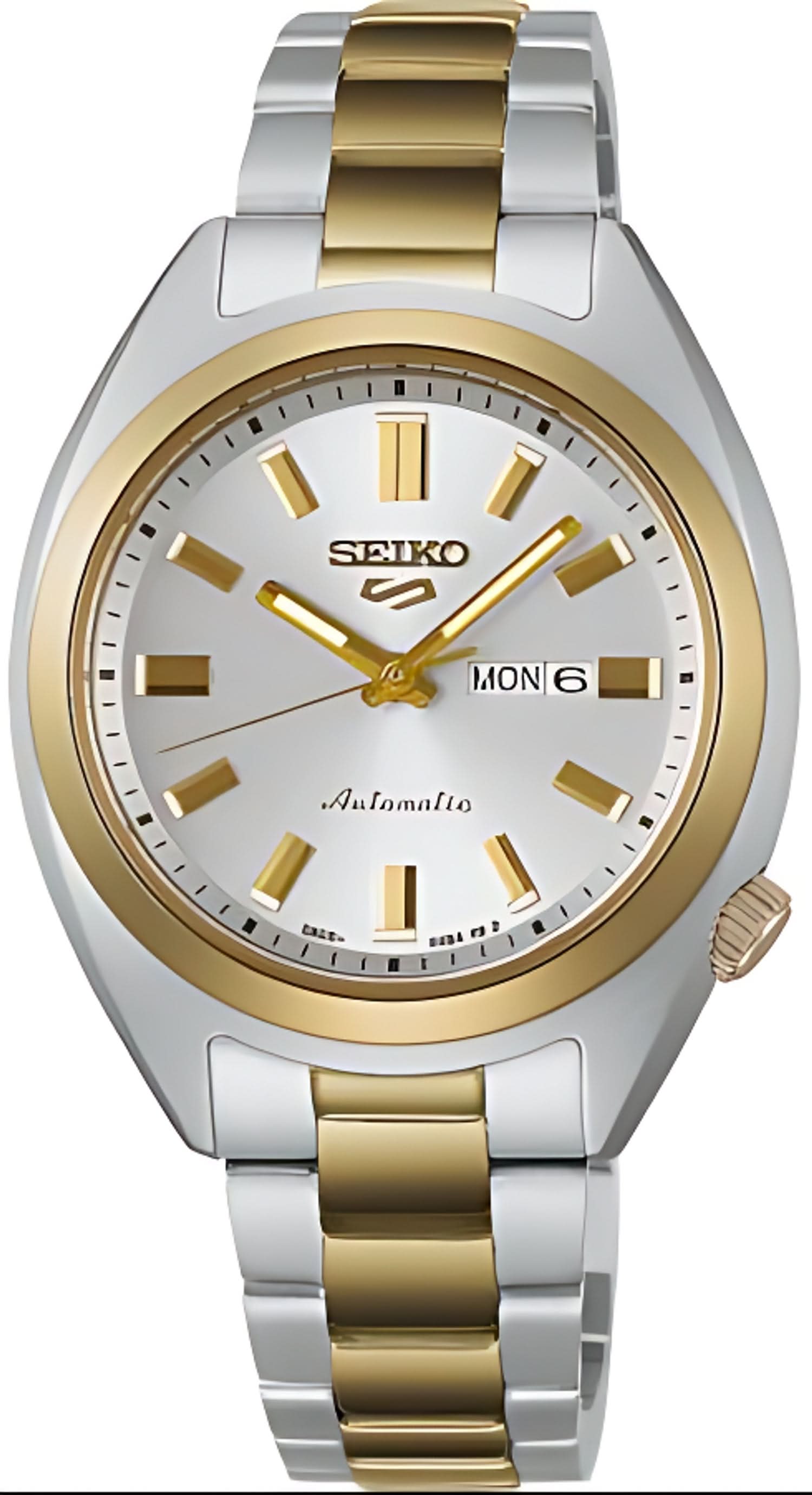 Reloj Seiko automático para mujer con pulsera bicolor y esfera blanca, con indicador de fecha