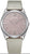 Reloj de pulsera para mujer con esfera rosa, caja plateada y correa de piel gris.