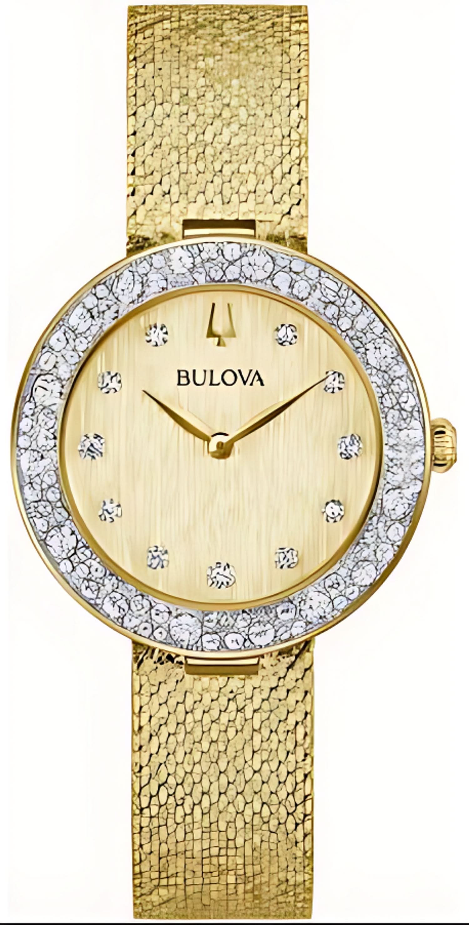 Reloj Bulova para mujer con correa de malla dorada, esfera redonda y piedras brillantes