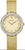 Reloj Bulova para mujer con correa de malla dorada, esfera redonda y piedras brillantes