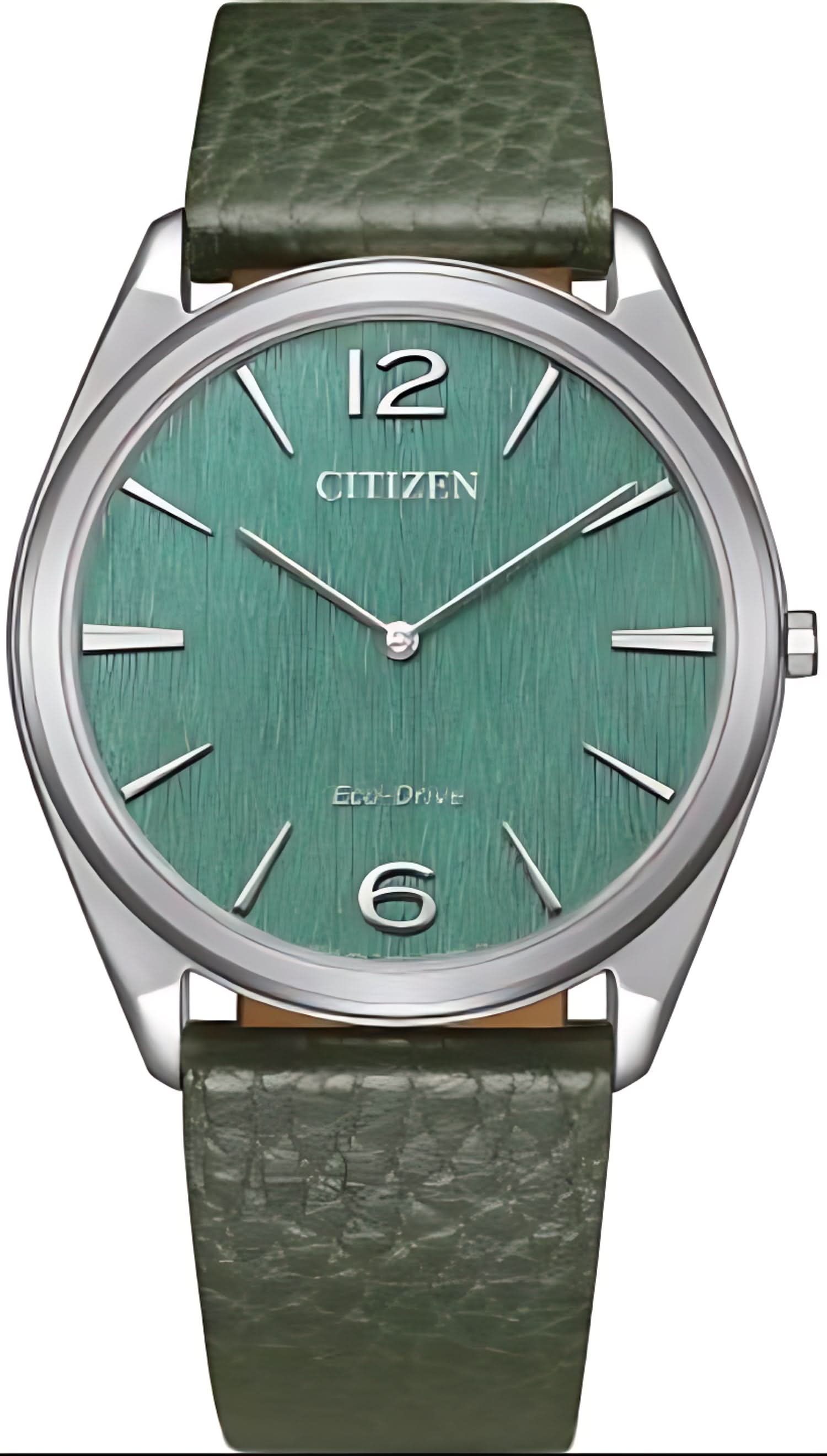 Reloj de pulsera para hombre con esfera verde y correa de cuero, caja redonda plateada