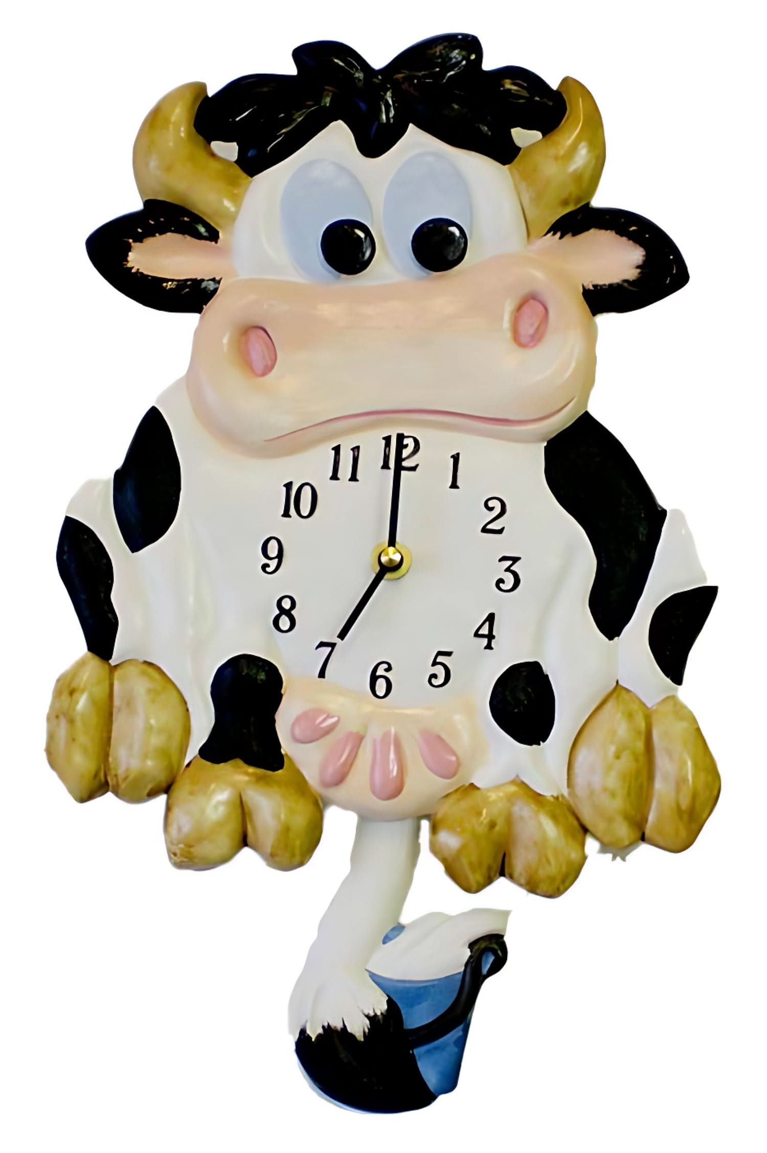 Reloj de pared de cerámica con diseño de vaca, esfera redonda y péndulo, diseño sonriente