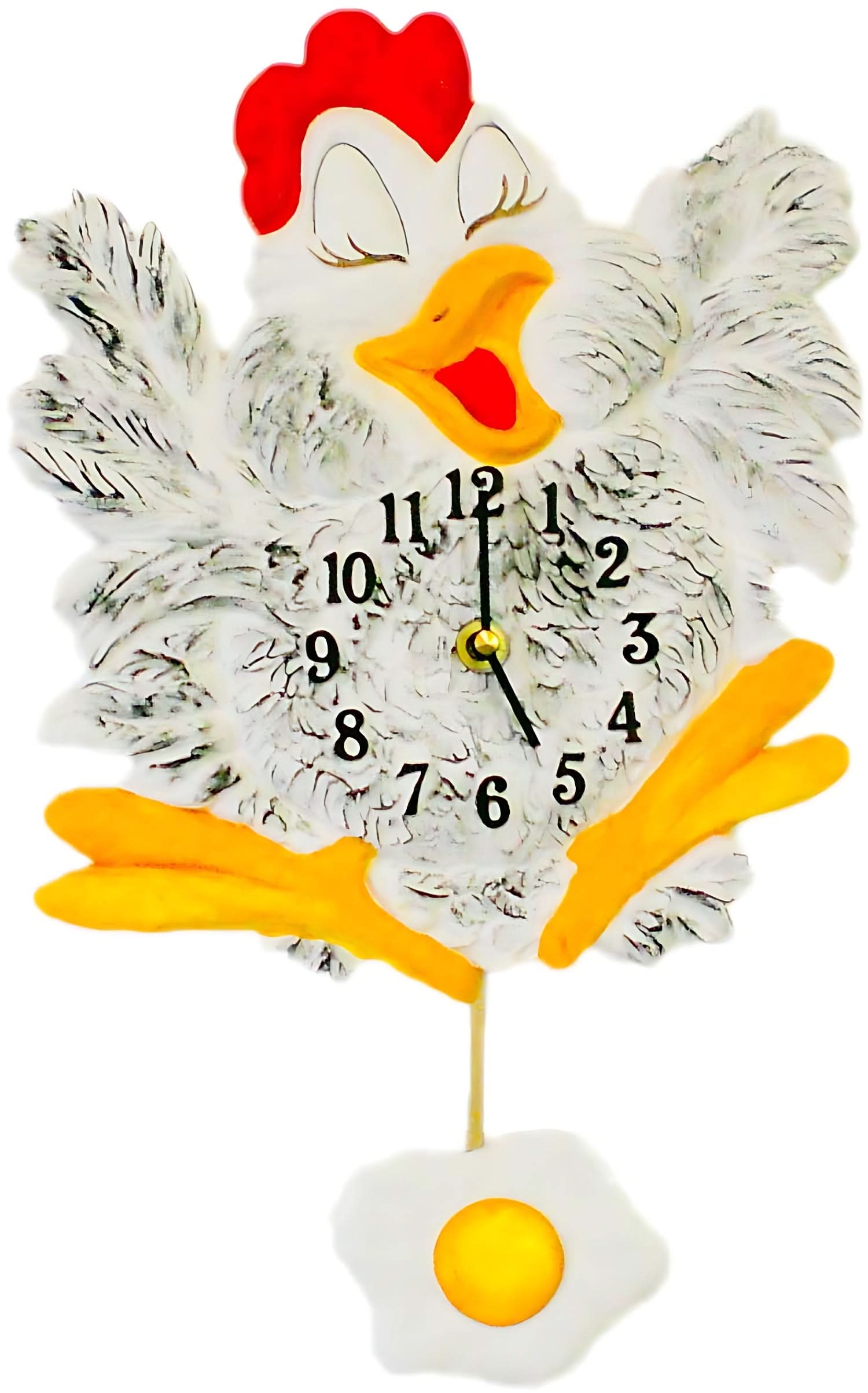 Reloj de pared con pato de cómic, cabeza roja, pico y alas naranjas; manecillas doradas