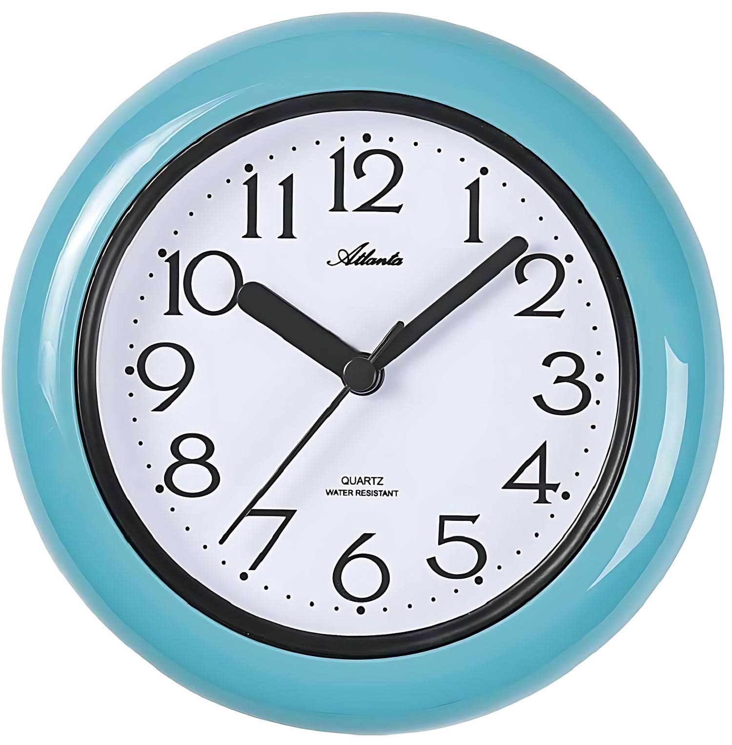 Reloj de pared redondo de plástico, color turquesa, esfera blanca con manecillas negras