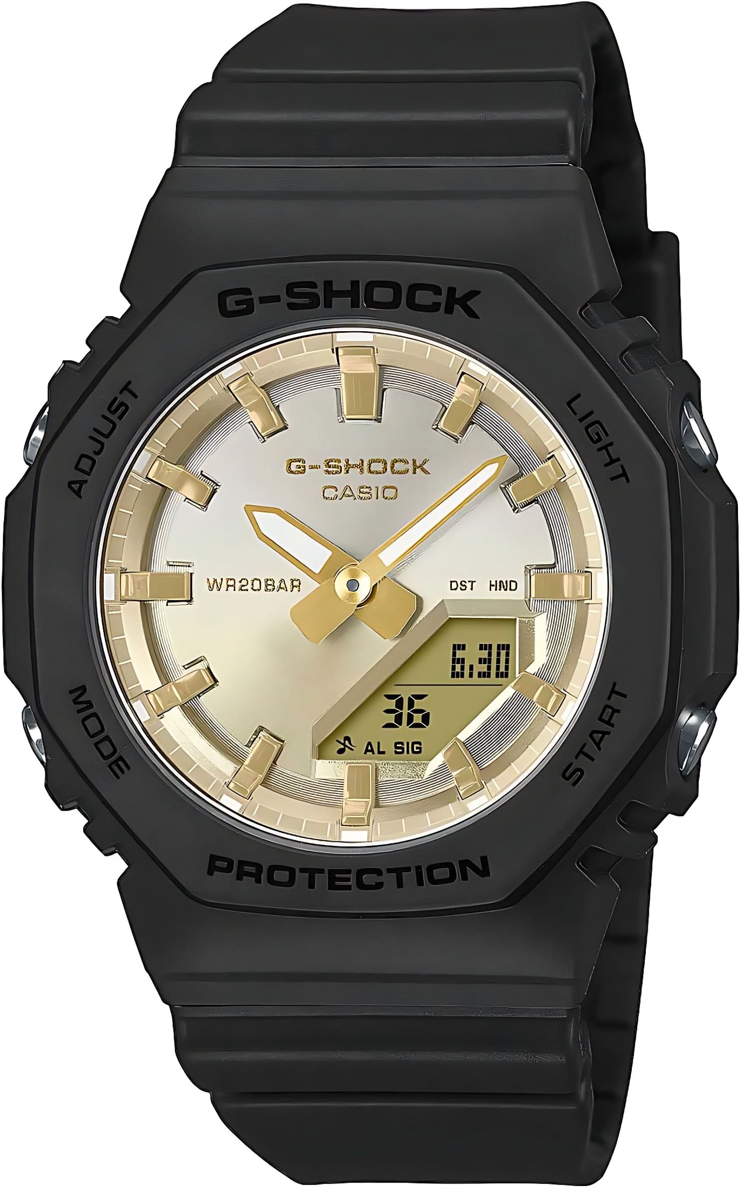 "G-Shock Reloj para Mujer: correa de caucho negra, índices dorados, pantalla digital"