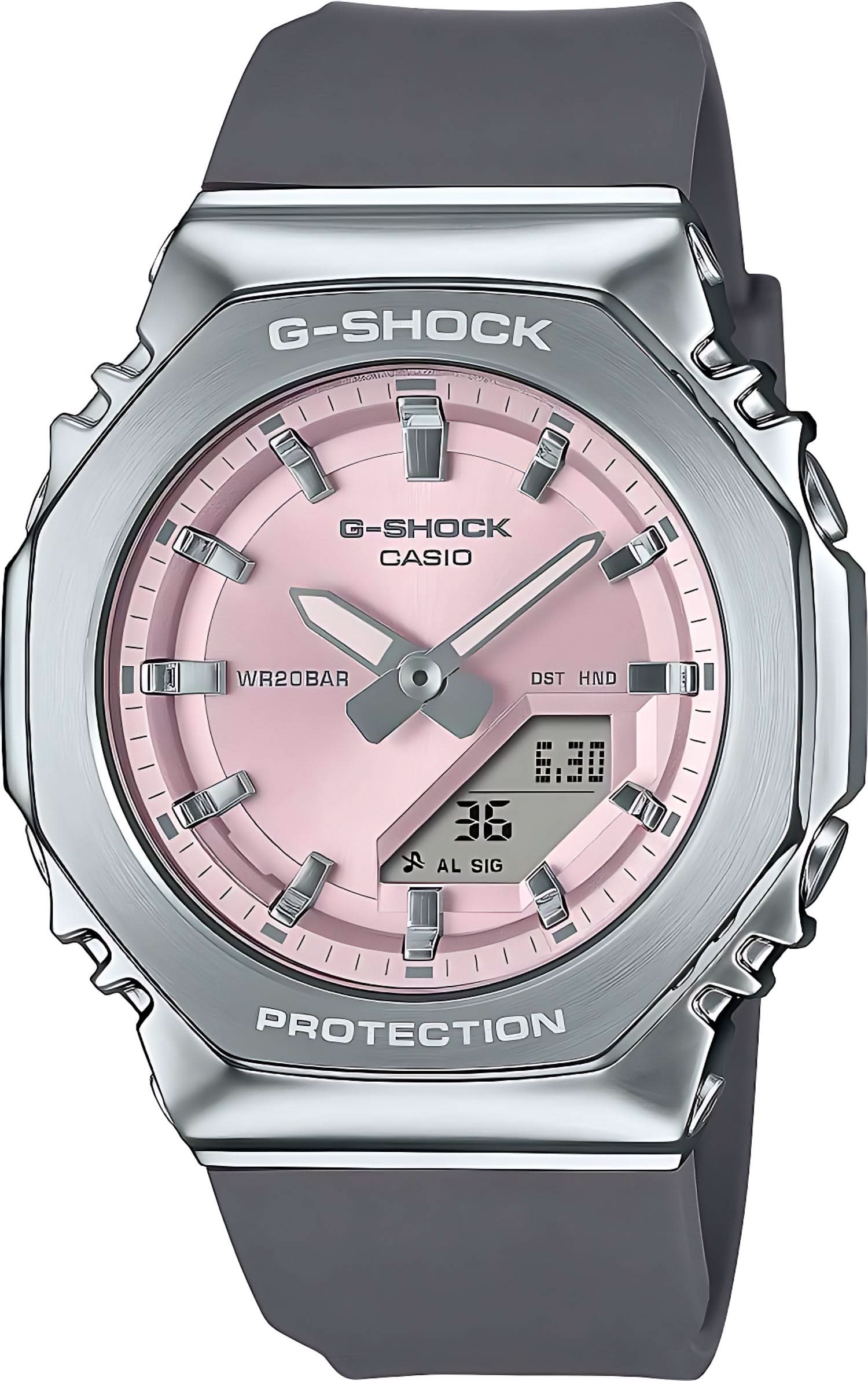 "Reloj de mujer con esfera rosa y correa de caucho gris, caja de metal"
