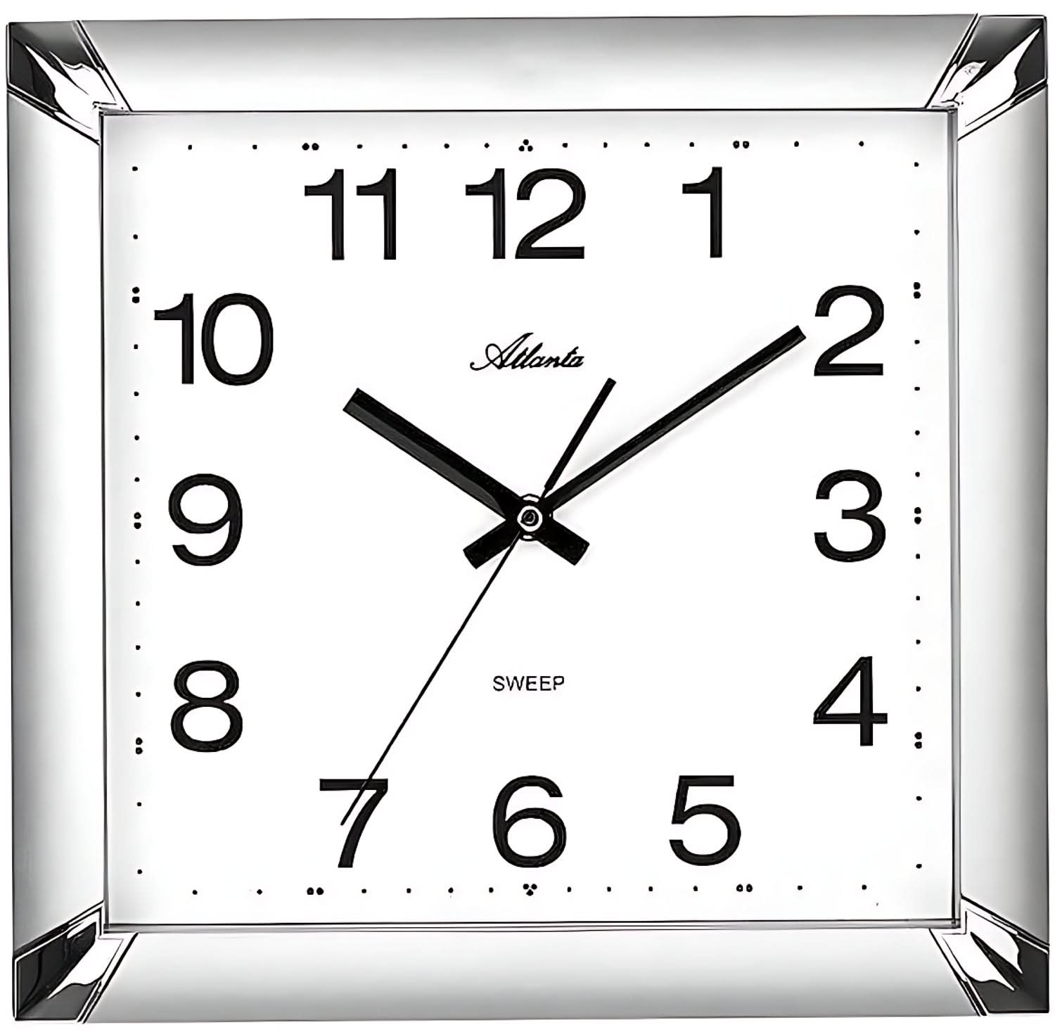 Reloj de pared cuadrado con marco negro, números blancos y manecillas negras