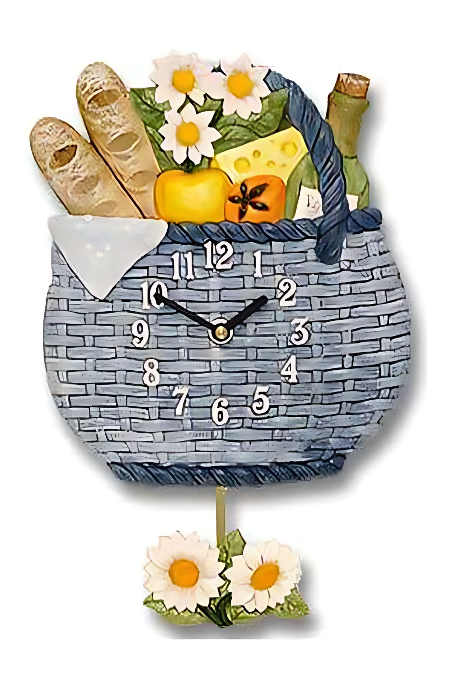 Reloj de pared de cerámica con aspecto de piedra y motivo de flor de manzana, números redondos y manecillas amarillas.