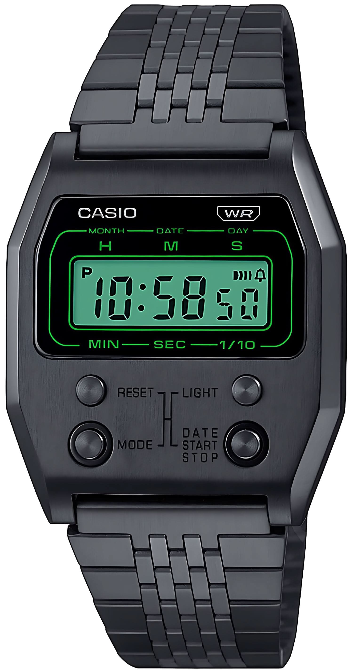 Casio Vintage A1100B-1EF reloj con correa de metal negra y pantalla LCD digital verde, botones