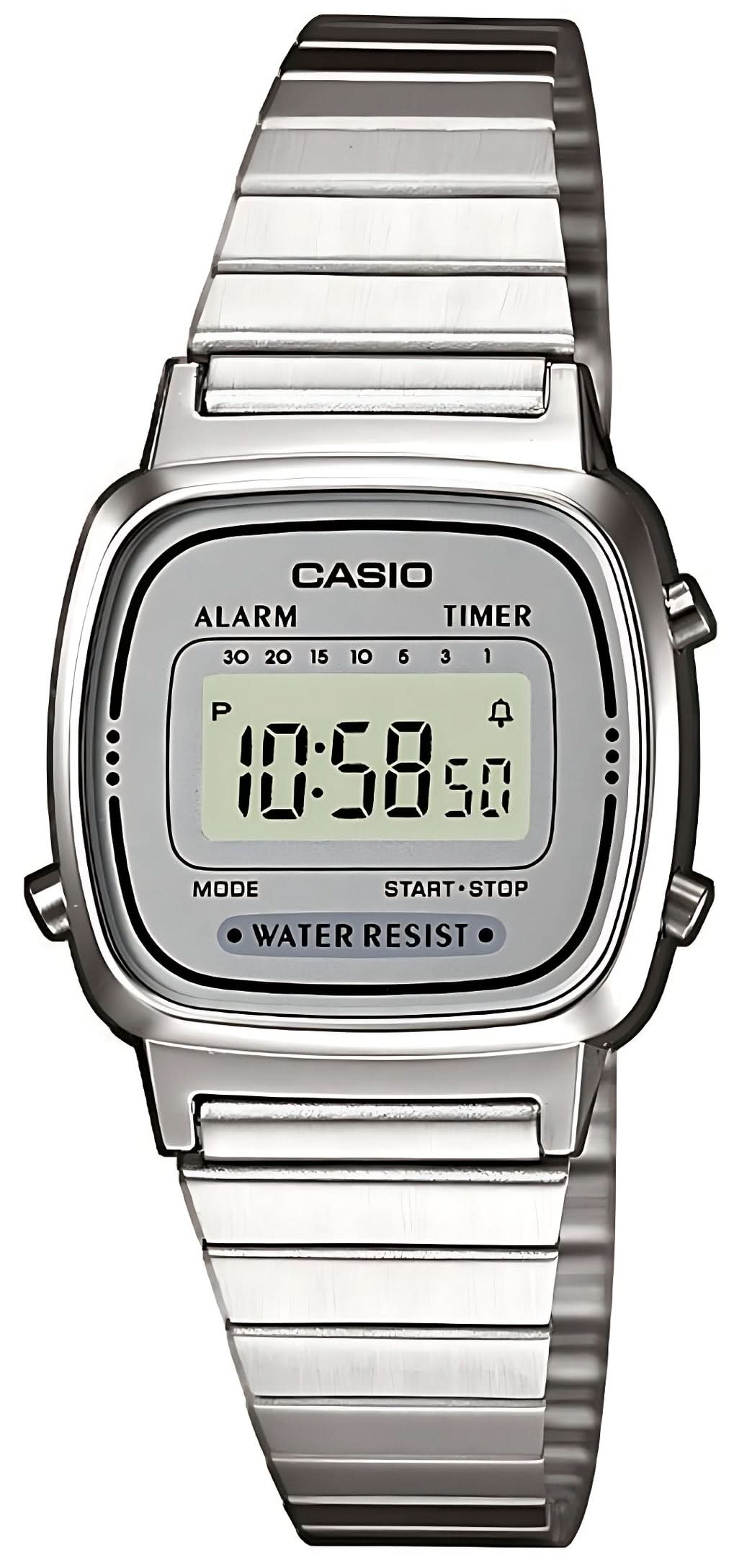 Casio reloj de mujer con correa de metal plateado y pantalla LCD rectangular
