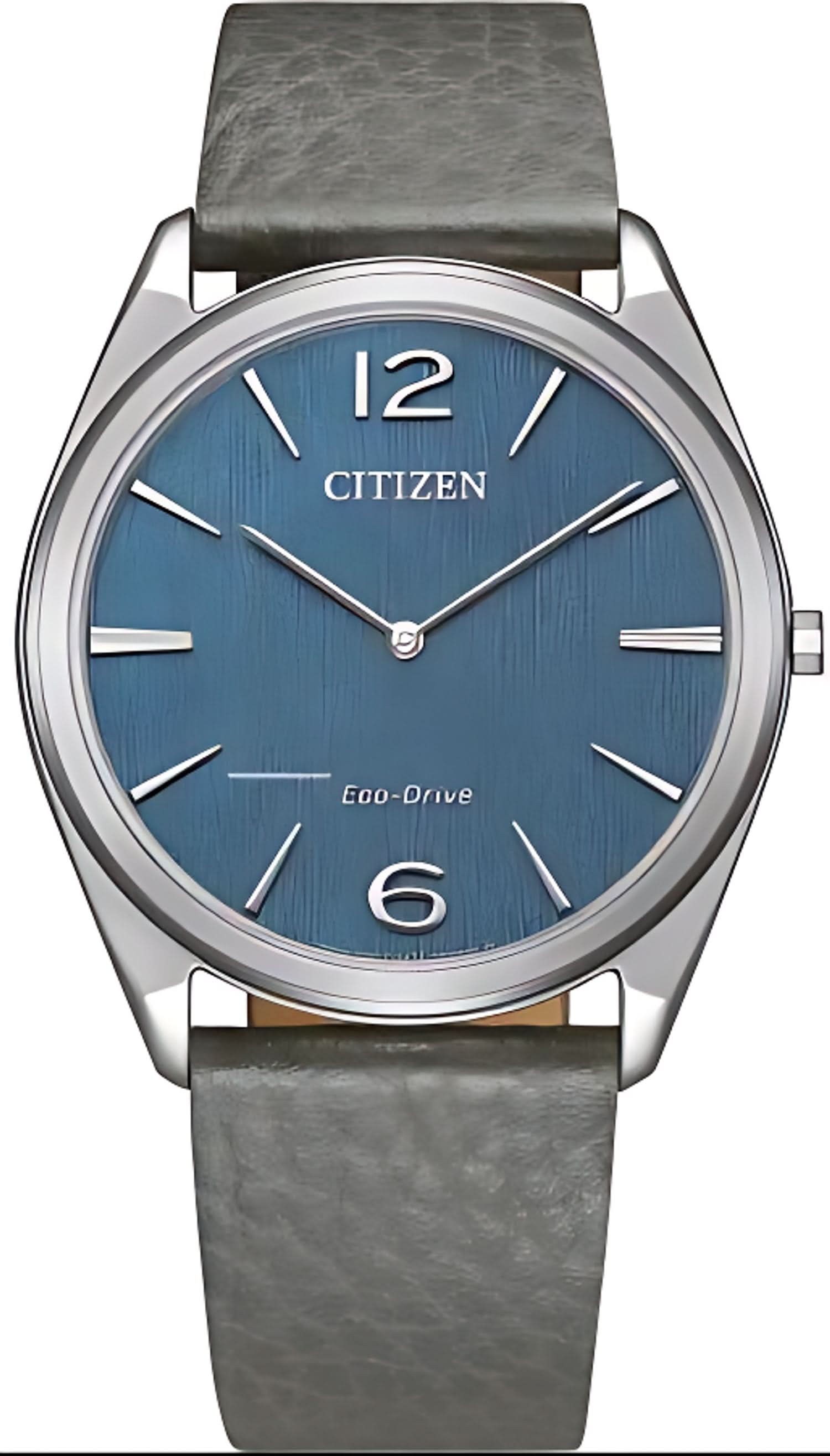 Reloj ultrafino para hombre con esfera azul, caja plateada y correa de cuero gris