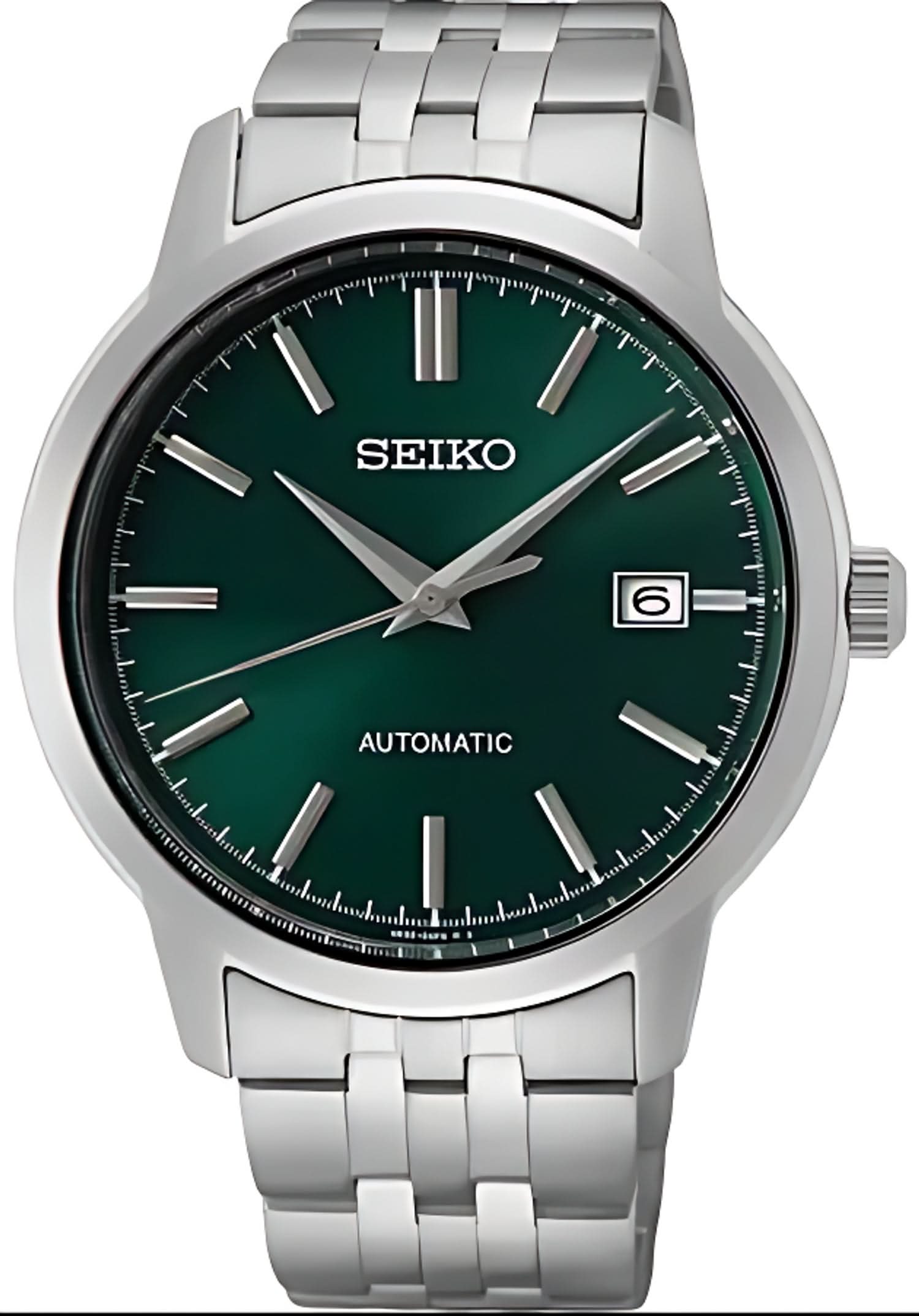 Pulsera de hombre con correa de acero inoxidable, esfera verde, fecha a las 6