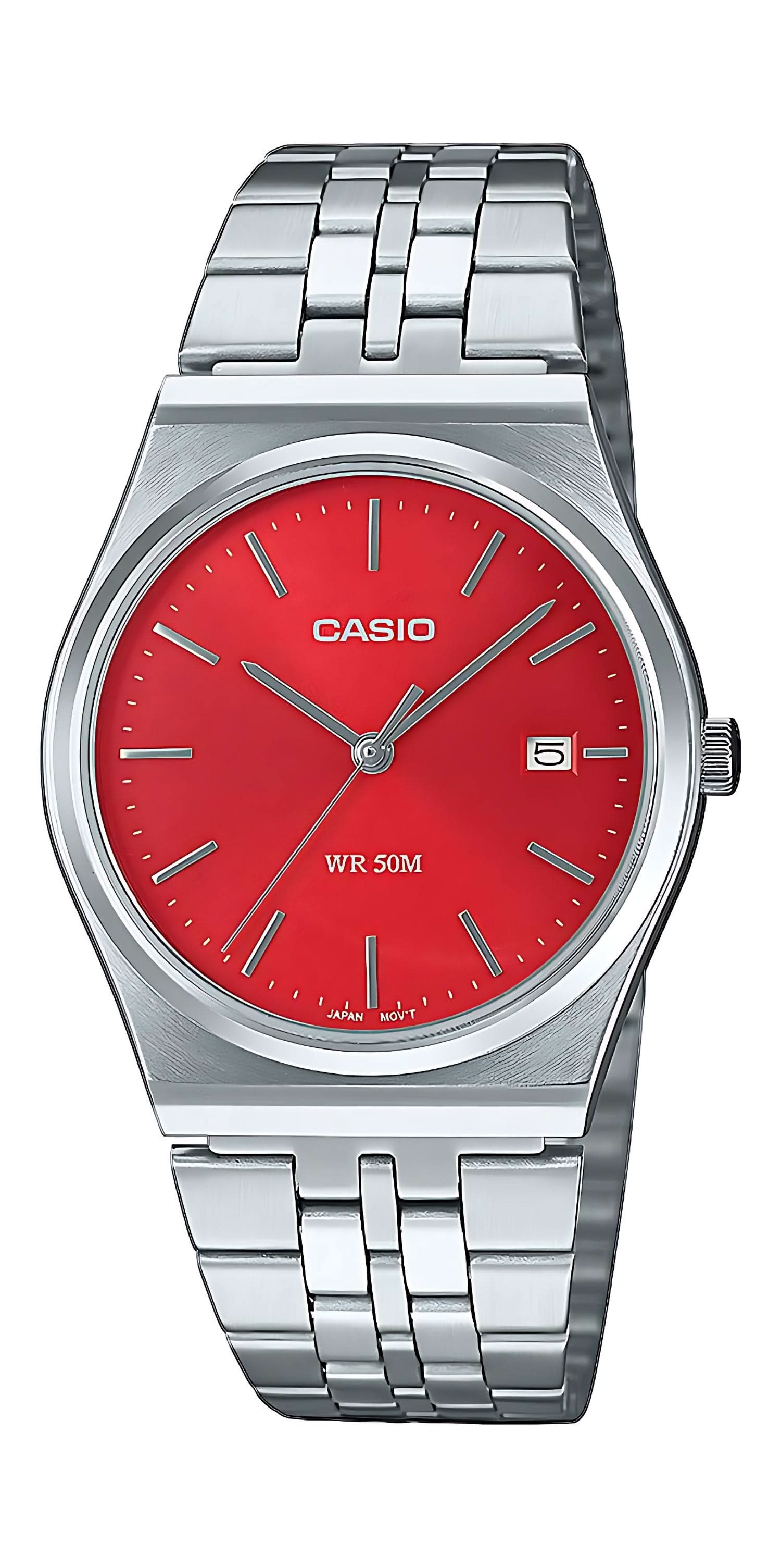 Reloj analógico Casio con correa de acero inoxidable, esfera roja Sunray y números a las 5