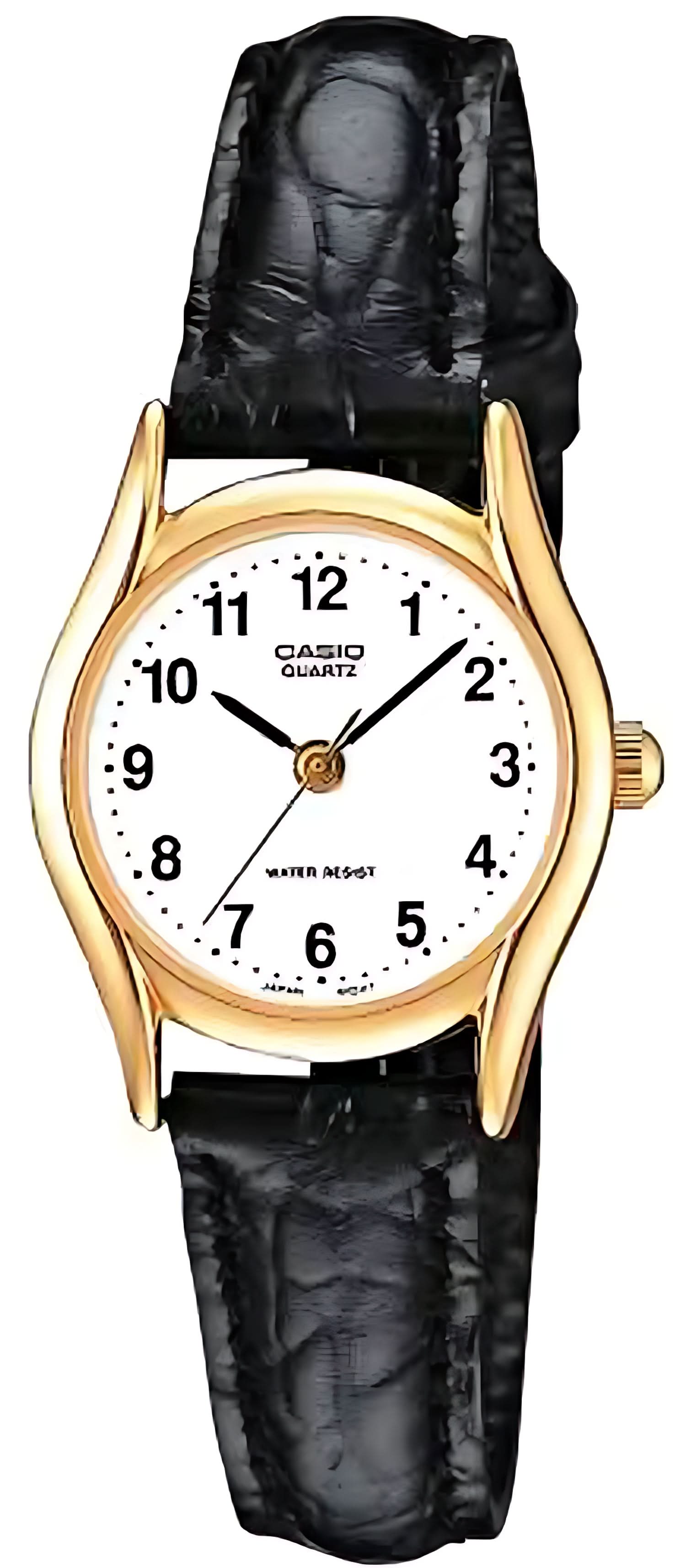 Casio reloj de mujer con correa de cuero negra, caja dorada y esfera blanca