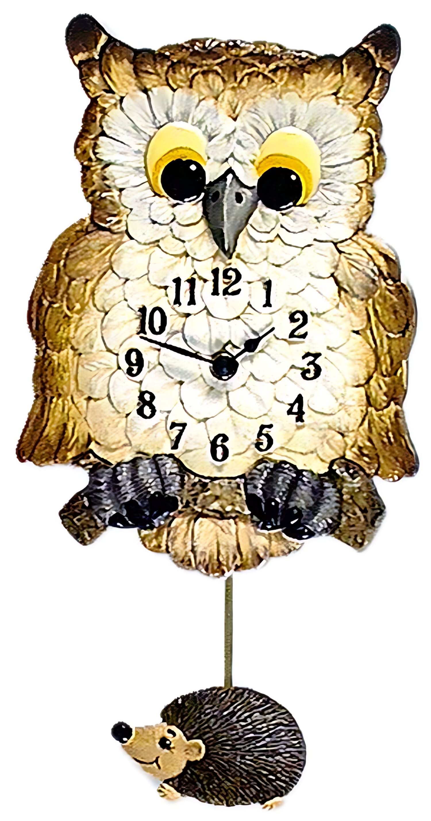 Reloj de pared de cerámica con diseño de búho, ojos amarillos y péndulo colgante
