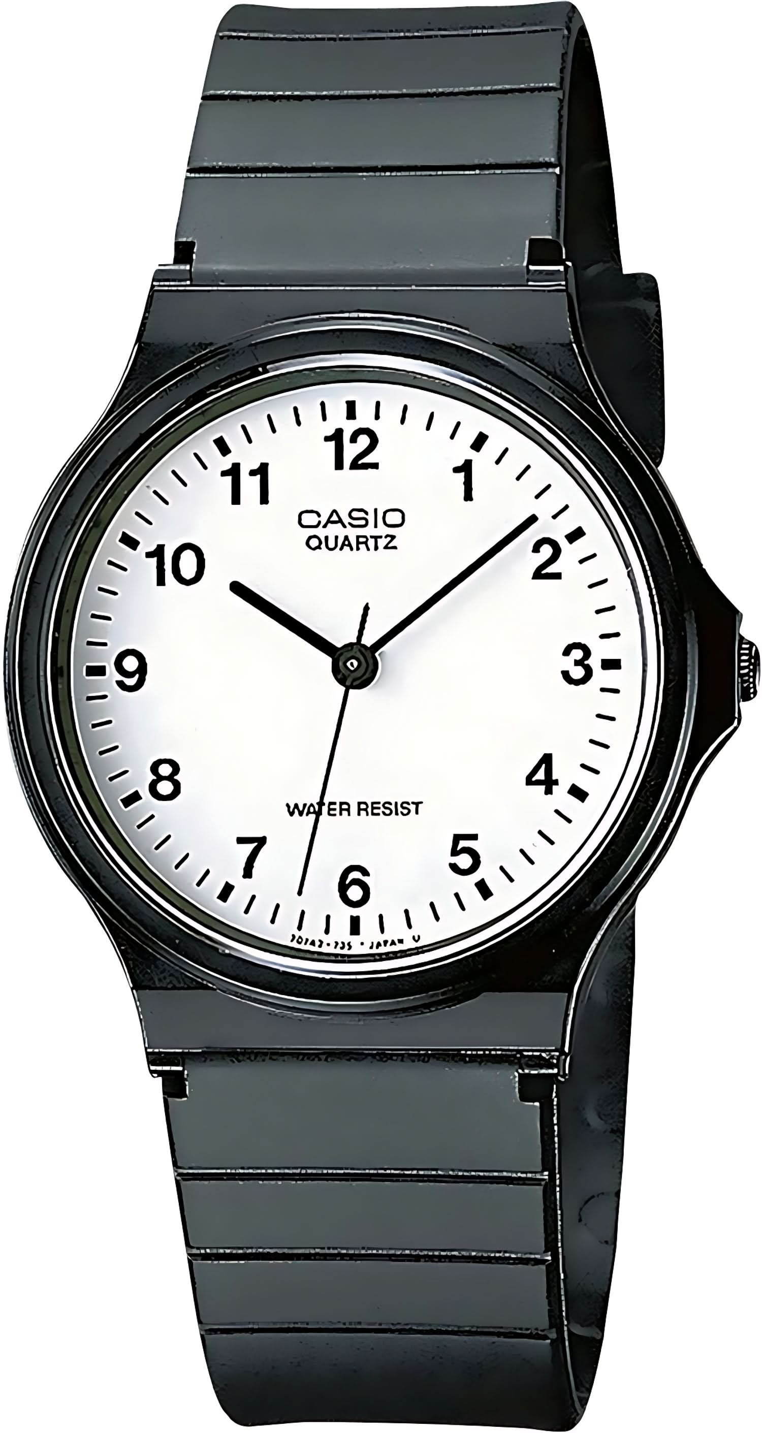 Reloj Casio de cuarzo con esfera redonda blanca, manecillas negras y correa negra